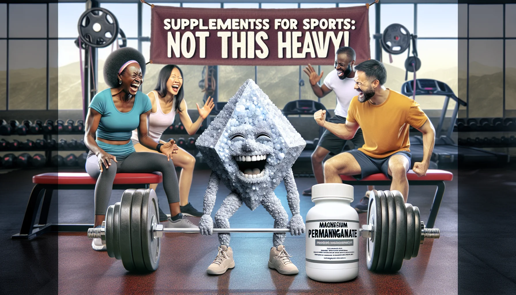Create a witty and realistic image showcasing magnesium permanganate. The setting is a local gym where an animated crystal of the compound is seemingly attempting playful deadlifts, with visible struggle depicted in its facial expressions. On one side spectators, a Black woman and an Asian man, both professional trainers, are laughing gleefully. The backdrop is filled with sports paraphernalia like dumbbells, treadmills, and yoga mats. Underneath, overlay a text saying, 'Supplements for Sports: Not this Heavy!' to inspire people for judicious use of sports supplements.