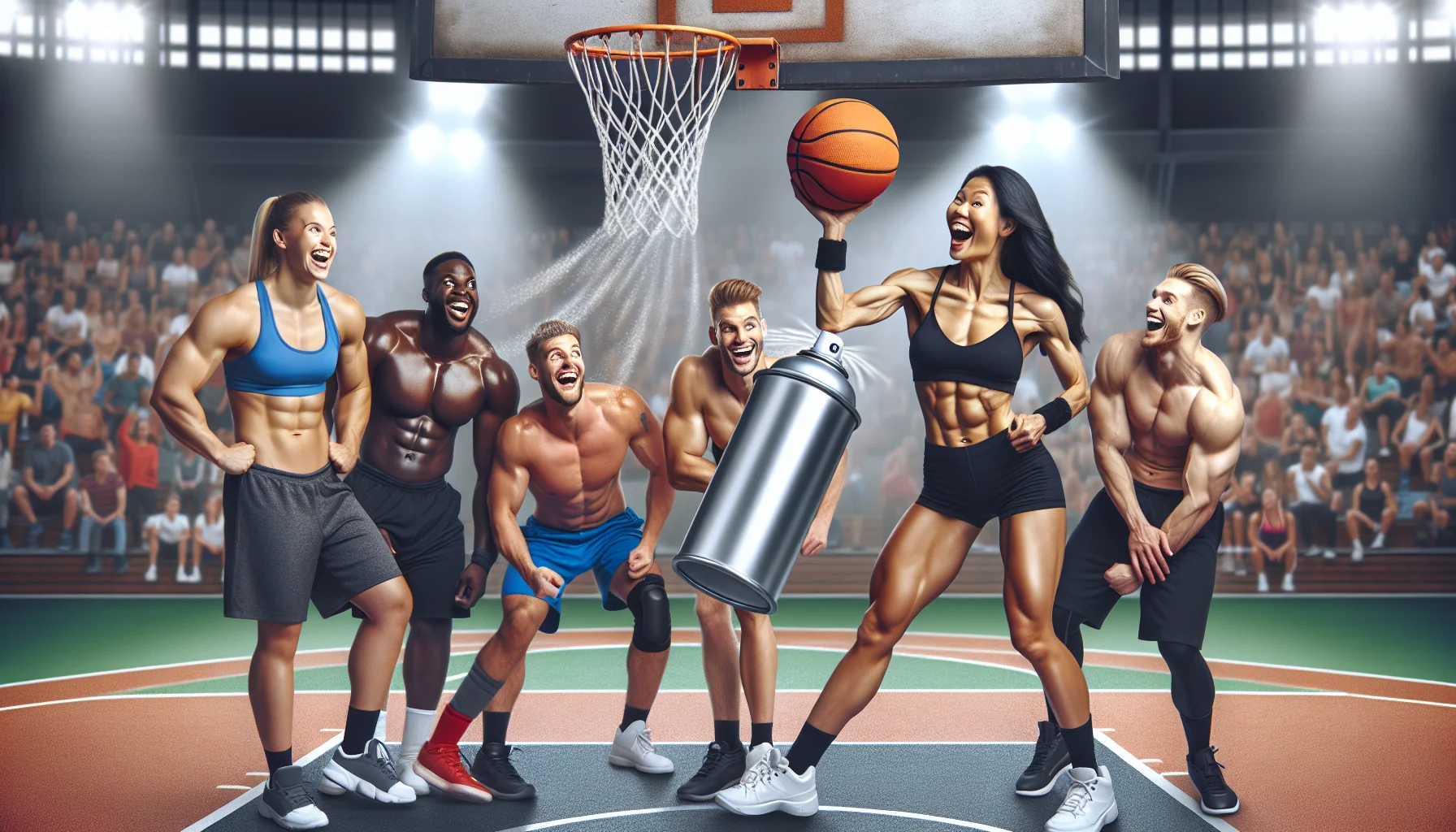 Create a vibrant image of a basketball court, where a muscular South Asian female athlete energetically shoots a hoop. Meanwhile, she holds a canister of magnesium spray deodorant like a microphone, as if entertaining the crowd with a humorous infomercial. In the foreground, a group of Caucasian and black male and female athletes laugh merrily, their sports gear momentarily forgotten as they enjoy the spectacle. They seem charmed and curious about this 'secret weapon'. The spray canister must be the main focus, symbolizing the benefits of supplements for sports performance.