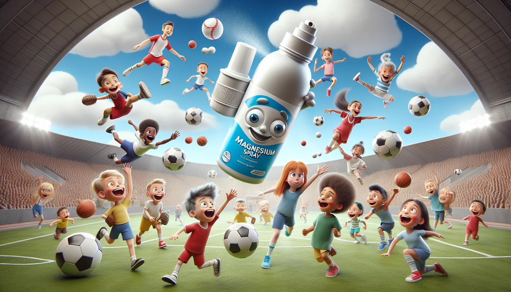 Imagine a playful, cartoon-like scenario promoting magnesium spray aimed at children. The central focus is a quirky magnesium spray bottle, designed with friendly eyes and smile, engaged in a variety of sporting activities. This includes dribbling a soccer ball, throwing a baseball, and doing a cartwheel. It's surrounded by a small crowd of children, of diverse descent and gender, all excitedly reaching for the magical bottle. They are in full sports gear, ready to enhance their performances, and their expressions demonstrate enthusiasm and eagerness. Capturing the essence of fun, this image is intended to make the idea of sports supplements appealing to youngsters.