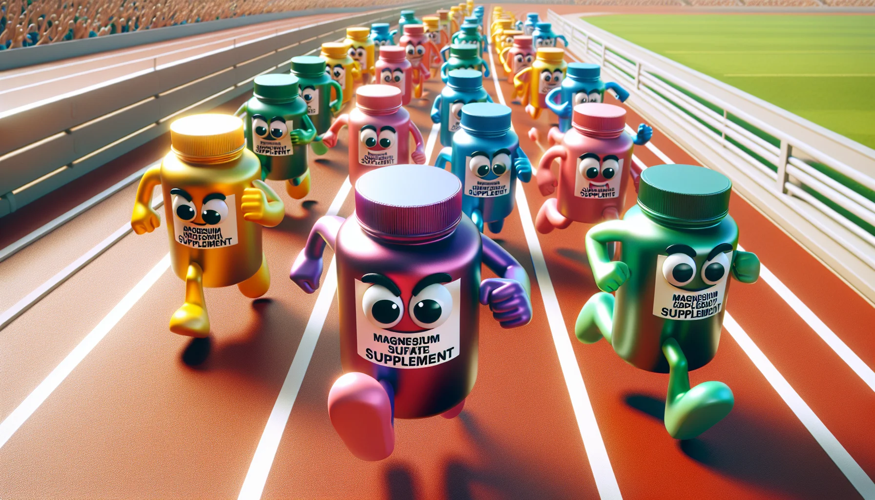 Generate an image where a richly colored bottle labeled 'Magnesium Sulfate Supplement', is running in a race with other supplement bottles. Each bottle has a pair of cartoon-like eyes and cartoonish legs, showing excitement and competitiveness. They race along a well-maintained track, the audience on the sidelines cheering with enthusiasm. The magnesium sulfate bottle leads the race, with a playful smile drawn on it. The scene is set in bright daylight, creating a vibrant atmosphere that encourages the use of supplements for sports.