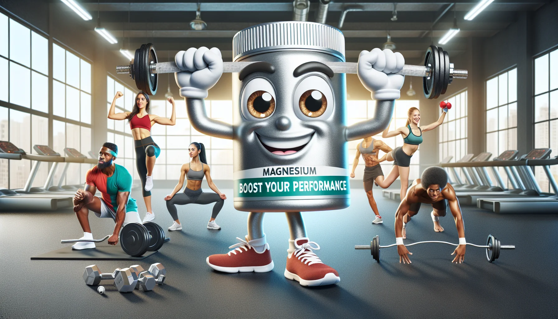 Generate an engaging and amusing image featuring magnesium sulfite. Picture it personified with animated eyes and a broad cheerful smile, holding a banner that reads, 'Boost Your Performance!' This lively character is situated in the elegant setting of a well-equipped gym, with various athletes of different genders and descents undertaking their workouts. A Caucasian female is doing yoga, a Hispanic male is weightlifting, a Black female is jogging on the treadmill, a Middle-Eastern male is boxing, and a South Asian female is doing stretching exercises. Striking elements such as vivid colors and a glowing aura around the magnesium character can be incorporated to attract viewers' attention towards sports supplements.