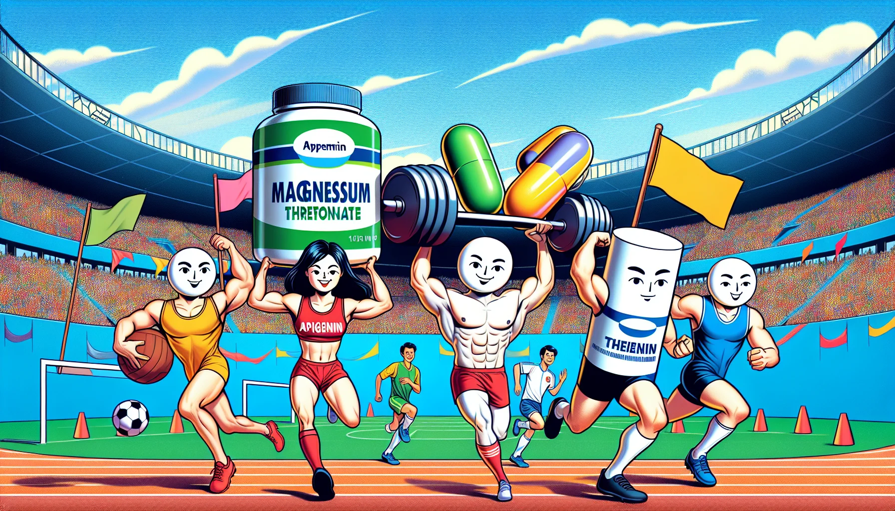 Imagine an upbeat and colorful scene, inspired by a comic strip. In the center, there is a group of anthropomorphized dietary supplements - magnesium threonate, apigenin, and theanine - each represented by a different silhouette. They have captivating facial expressions that resemble healthy, enthusiastic and determined athletes. They are participating in various sports activities. Magnesium threonate, portrayed as a Caucasian male with lean physique, is lifting a massive weight. Apigenin, depicted as an Asian female soccer player, is skillfully dribbling a soccer ball. Theanine, represented as a Middle-Eastern male sprinter, is speedily running a race. The setting is a vibrant sports stadium filled with colorful banners and a lively crowd.
