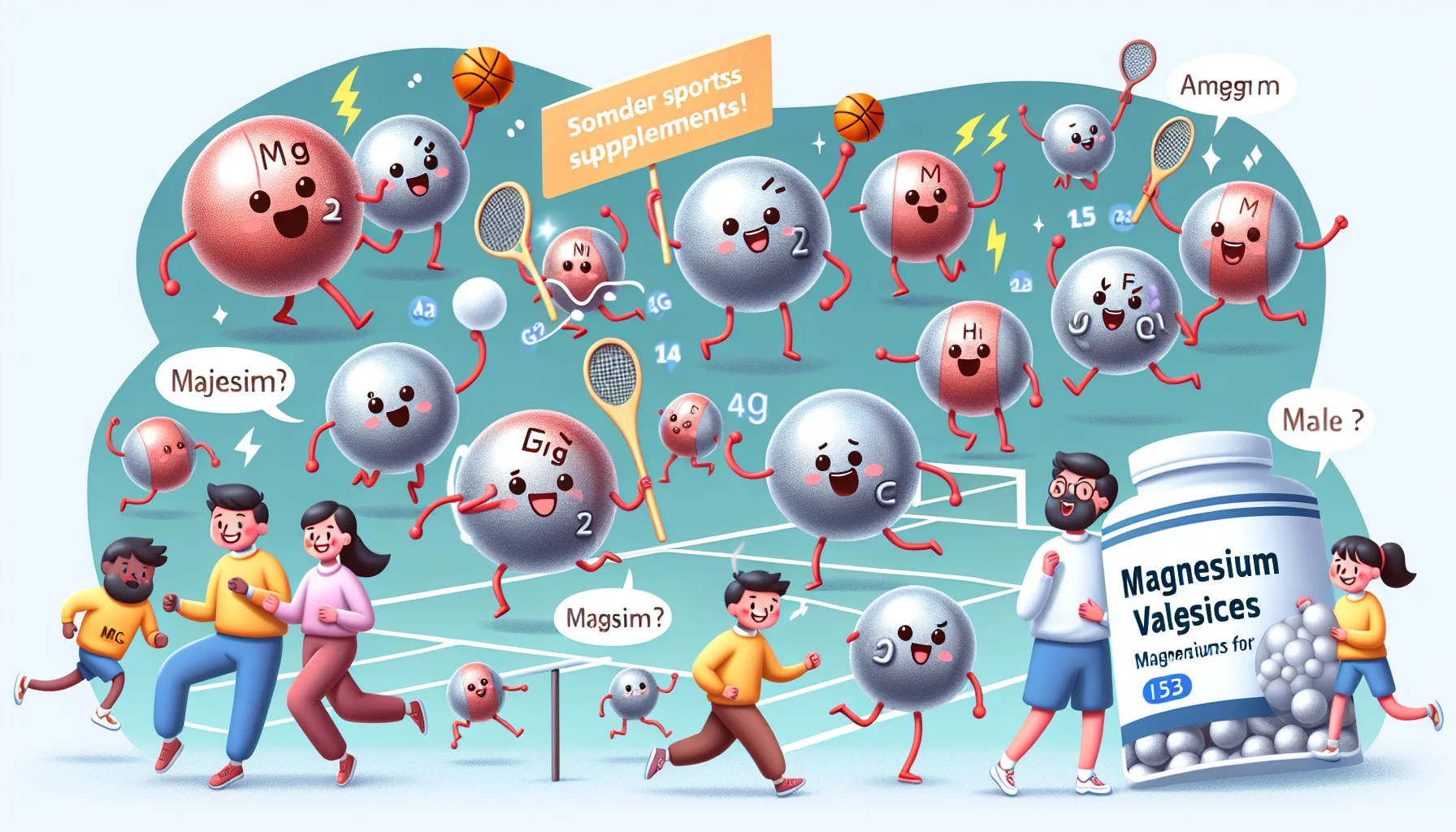Imagine an amusing scene depicting magnesium valence electrons. These miniscule entities are personified with cartoonish style faces, joyfully participating in various sports activities representing the energy that they can provide. Some are seen dribbling a basketball, others are running a marathon, while a couple are teamed together, playing a game of doubles in tennis. They're calling out to a healthy person of Asian descent, male, who is considering some sports supplements. The cute electrons, representing the health benefits of magnesium, complement the scene, strongly suggesting him to consider magnesium supplements for his sports activities.