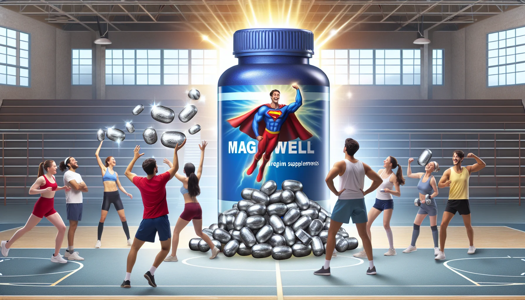 Show a comical scene set in a generic gymnasium where individuals of varying descents, such as Caucasian, Hispanic, and Middle-Eastern, and representing both genders, are participating in various sports activities. In the center of the image, depict a large, slightly exaggerated, bottle of 'Magwell Magnesium' supplements radiating a superhero-esque glow. Make this bottle appear as if it's happily interacting with the surrounding athletes. Care to add an exaggerated sparkle to metallic magnesium pills spilling from the bottle, floating in the air, indicating their positive impact on the athletes' performance.