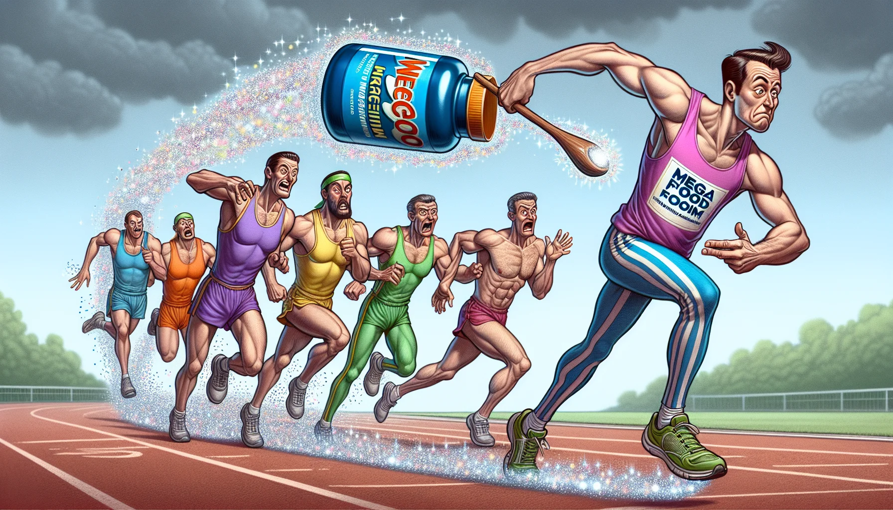 An image that humorously promotes the use of supplements for sports, specifically featuring 'mega food magnesium'. Picture this scenario- a comical skinny character, dressed in a vibrant jogging suit, racing against much more muscular and athletic looking individuals. In his hand, a magic wand-like object shaped like 'mega food magnesium' bottle. Each time the character waves the wand, a stream of sparkles trails behind, subtly transforming the track under his feet into a moving walkway. Despite his less athletic physique, with the 'magic' of his supplement, he's easily keeping up, even enjoying a relaxed, cool gaze towards the bewildered competitors. His expression conveys 'It's not just physical training; proper nutrition matters too!'.