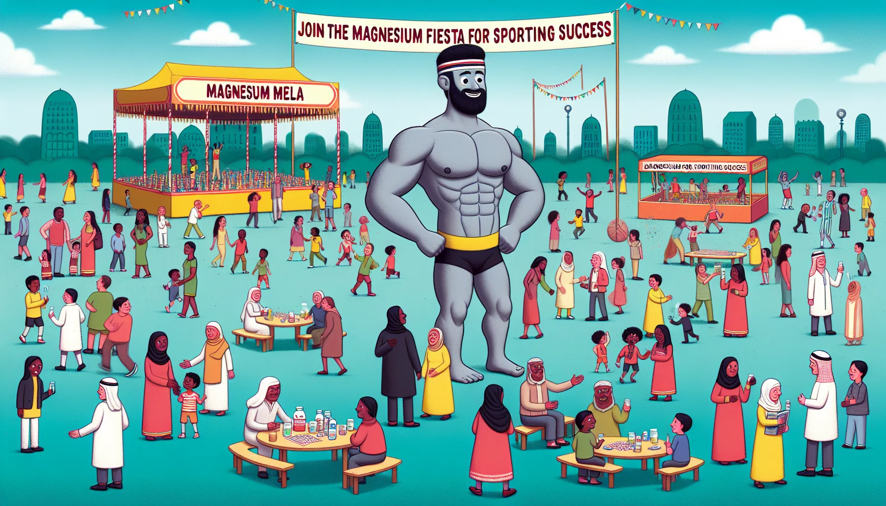 Imagine a humorous scenario where an inanimate magnesium supplement is personified. This character has Caucasian descent with exaggerated muscular features to represent its benefits for sports. It is hosting a lively 'mela' or traditional fair. The fairground is bustling with diverse community of people including black, Hispanic, South Asian and middle-eastern people, all engrossed in various playful activities and games. Banner hanging across the fair reads, 'Join the Magnesium Fiesta for Sporting Success'. Everywhere there are hints about magnesium's role in enhancing sports performance, represented in a light-hearted, captivating manner.