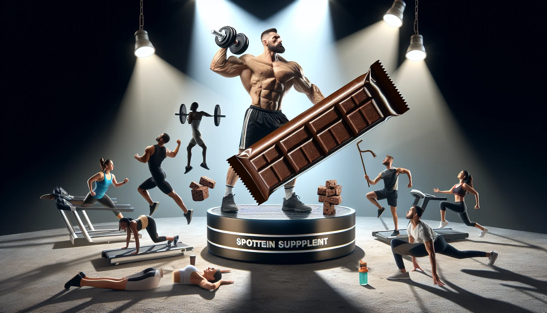 Create a humorous and realistic scene showcasing sports supplements exemplified by brown protein bars not branded, placed on a pedestal with a spotlight shining on them. Around them, a diverse group of people engaging in different sports activities. To add humor, imagine a strong, muscular Caucasian man in active athletic gear lifting a very light set of dumbbells, straining as if they're very heavy. Next, a Black woman running on a treadmill with an exaggeratedly large stride as if she's in mid-jump. Then, an Asian male doing push-ups with one finger, and a South Asian female doing yoga in a very twisted and complex pose.