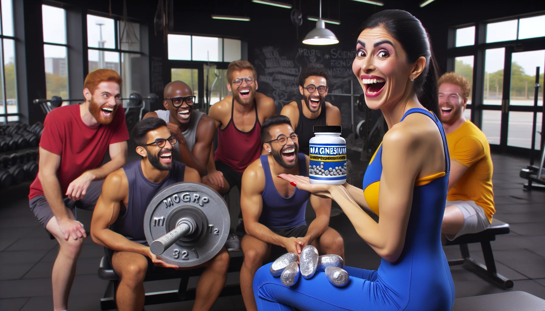 Create an amusing realistic image to draw people's attention towards the importance of magnesium supplementation for sports. It shows a hilarious scene in a gym where a comedic Hispanic female fitness instructor is holding a magnified three-dimensional model of magnesium's molar mass and a magnesium supplement bottle, explaining the science behind it to a diverse group of amused athletes who are chuckling at her jokes. The gym setting includes various types of fitness equipment in the background.