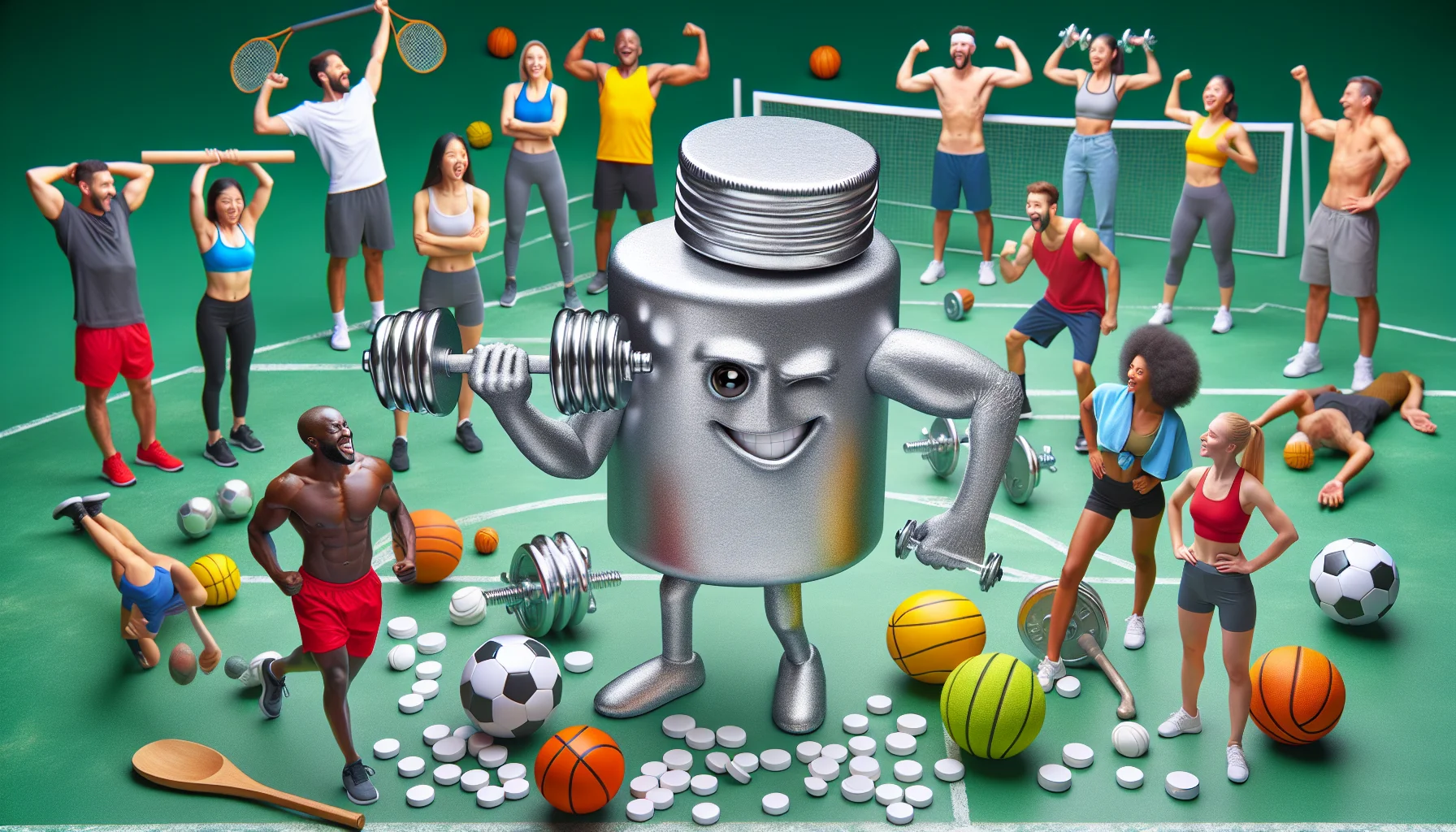 Create an eco-friendly image showcasing a piece of slim magnesium engaged in a hilarious scenario with people during a sports event. It is acting as a bodybuilder lifting miniature dumbbells, with a quirky smirk on its metallic face. Surrounding it are a group of athletic individuals of various descents like Black, Asian, Hispanic, Middle-Eastern, and Caucasian, with equal representation of both genders, getting drawn to it and showing expressions of amazement. Infuse colors that enhance the context of sports supplements and incorporate elements indicating the positive effects of magnesium supplements. Include some sports equipment like basketballs, tennis rackets as well to emphasise the sports setting.