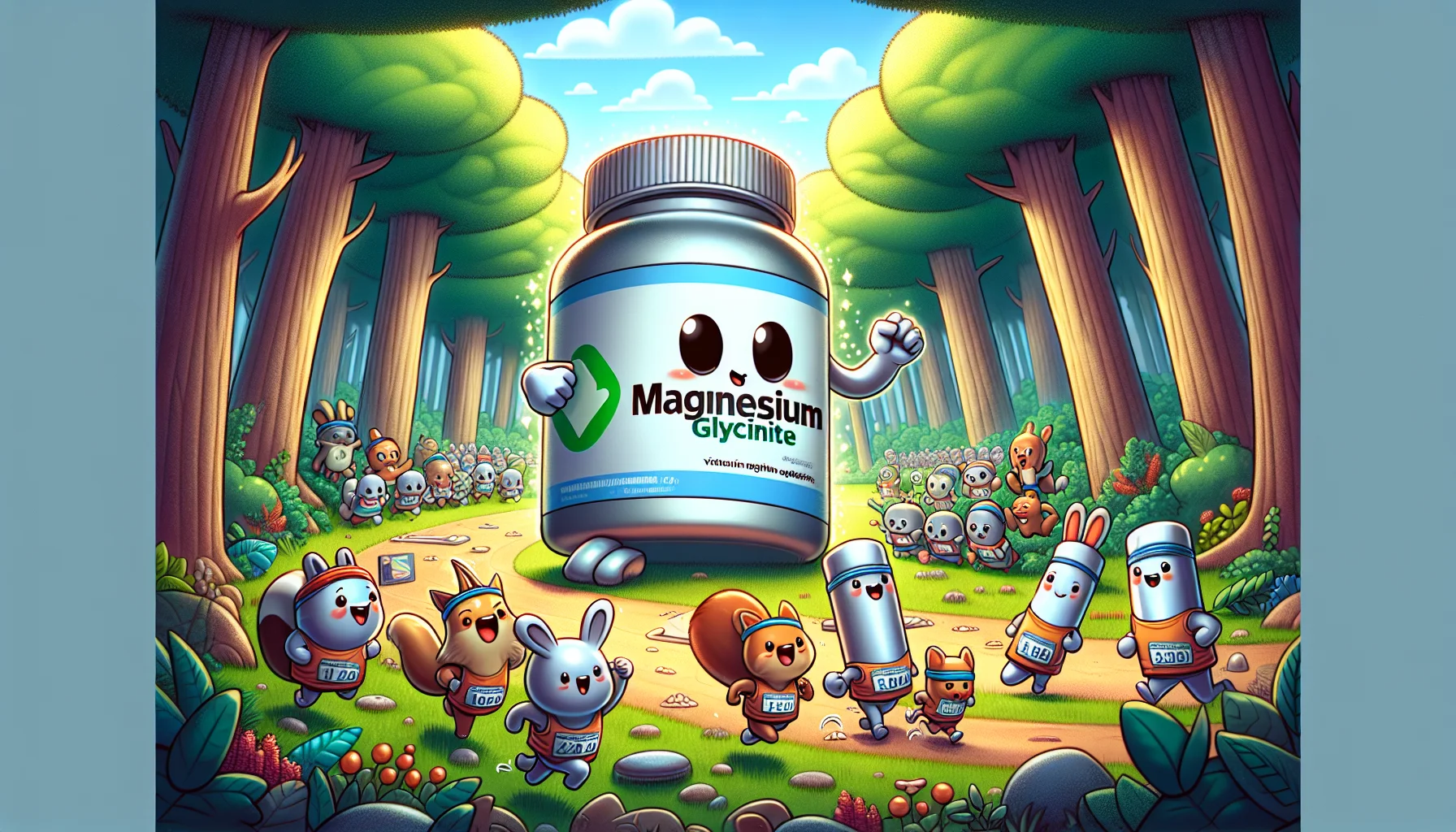 Illustrate a humorous scene in a grand forest, nature's lush bounty around, where a colossal package of Magnesium Glycinate supplement is standing upright. A family of anthropomorphic vitamin bottles, dressed in cute sports gear, are enthusiastically organizing a marathon around it. Nearby, some forest animals, like squirrels and rabbits, are participating in the race, with tiny sweat bands and excited expressions. Emphasize the cartoon-like exaggeration of the animals' sporting efforts and the size of the supplement bottle. Add some light effects to make the magnesium glycinate bottle look magical and enticing. The scene should convey the message that supplements are beneficial for sports in a funny and appealing manner.