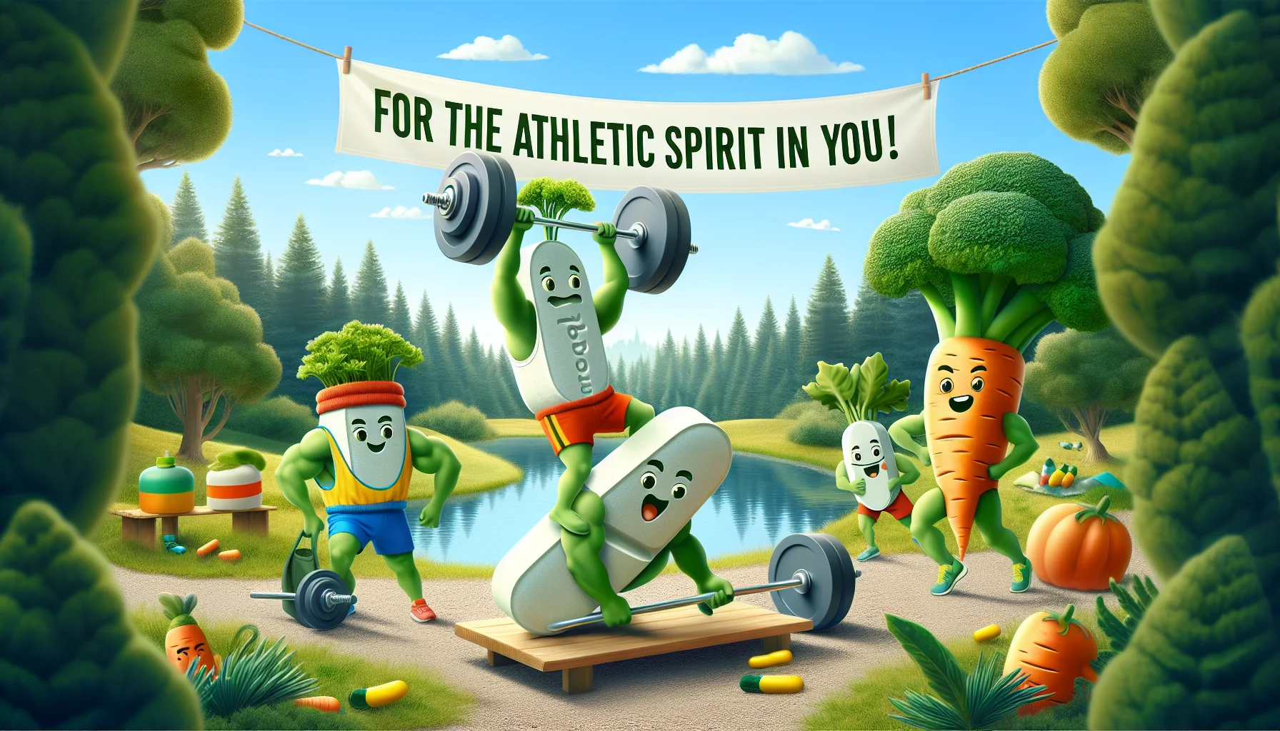 Design an image that shows a comical situation of nature-inspired supplements. For example, depict a fun instance where magnesium glycinate tablets shaped like small rocks are being 'lifted' by lively, cartoonish vegetables dressed in workout attire. They're in a beautiful natural setting, with trees, a stream and a clear sky. Draw attention to the message that these are beneficial for sports and fitness regimes. Have a huge banner in the sky with the words 'For the Athletic Spirit in You!'. Ensure the scene is inviting and playful.