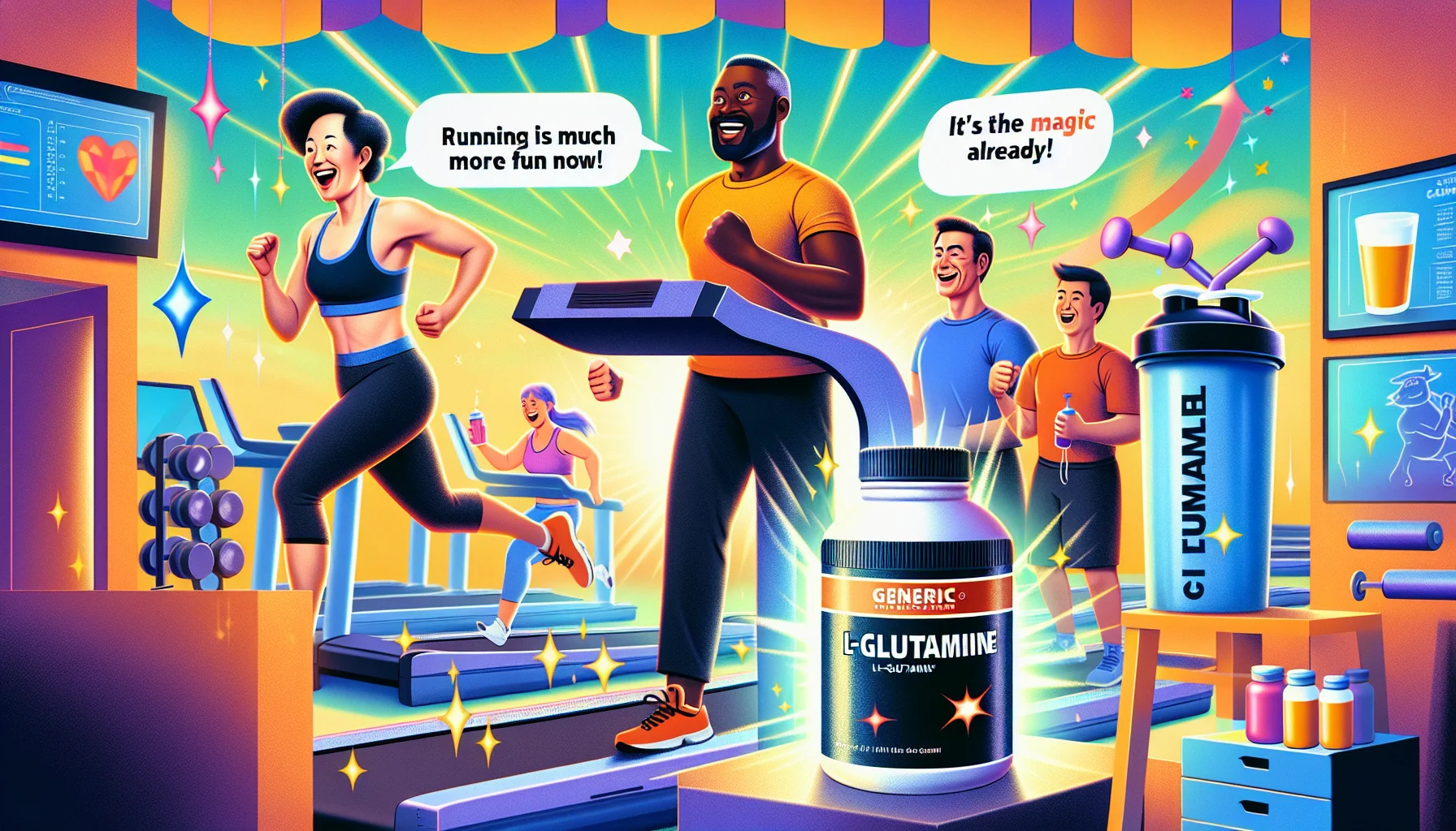Create a realistic image featuring a generic brand of L-Glutamine. The scene takes place in a bustling, colorful gym. To the left, a middle-aged South Asian man runs on a treadmill with an expression of pure joy on his face. He has speaking bubbles that say 'Running is much more fun now!'. Next to the treadmill, a table with a container of the L-Glutamine supplement stands, with a noticeable glow surrounding it. A Hispanic woman is using the supplement, smiling widely as she shakes her protein shaker. She is wearing workout attire and her speech bubble reads: 'It's the magic powder!' On the right, a Black male is lifting weights with ease and his speaking bubble says 'Feeling lighter already!' These gym-goers are clearly having a great time, implying the effectiveness of the supplement.