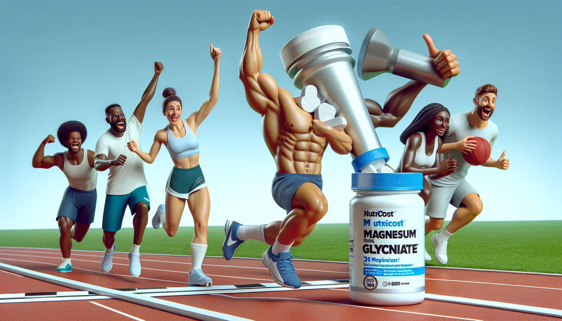 Generate a playful and realistic scenario featuring a bottle of Nutricost Magnesium Glycinate, the supplemental magnesium product, in a humorous context appealing to athletes. A diverse group of sporstpeople, including a Caucasian female tennis player, a Black male football player, and a South Asian female golfer, are depicted giving a thumbs-up to the product or acting excited about it. The product is depicted as if it has just won a race against other generic sports supplements, crossing a finish line with cartoon-like arms and legs, showing its effectiveness in sports nutrition.