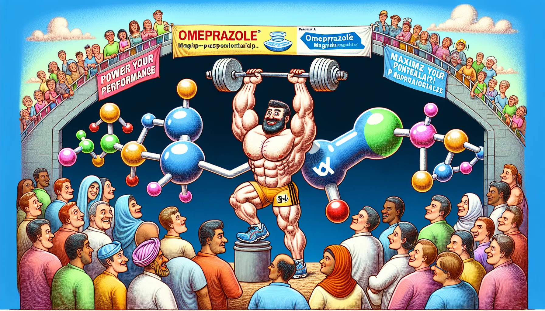Draw an amusing and captivating scene suggesting the utilization of dietary supplements for sports activities. A large, friendly upper body muscular person with a Caucasian descent is seen lifting a giant, oddly shaped barbell that looks like an omeprazole magnesium molecule. A crowd of diverse spectators, including a Hispanic woman and a Middle-Eastern man, are watching with impressed and intrigued expressions. Vibrant banners in the background cheer on the participants with slogans such as 'Power Your Performance' and 'Maximize Your Potential'. The atmosphere is lively and full of energy, conveying the benefits and of adding omeprazole to a sports regimen.
