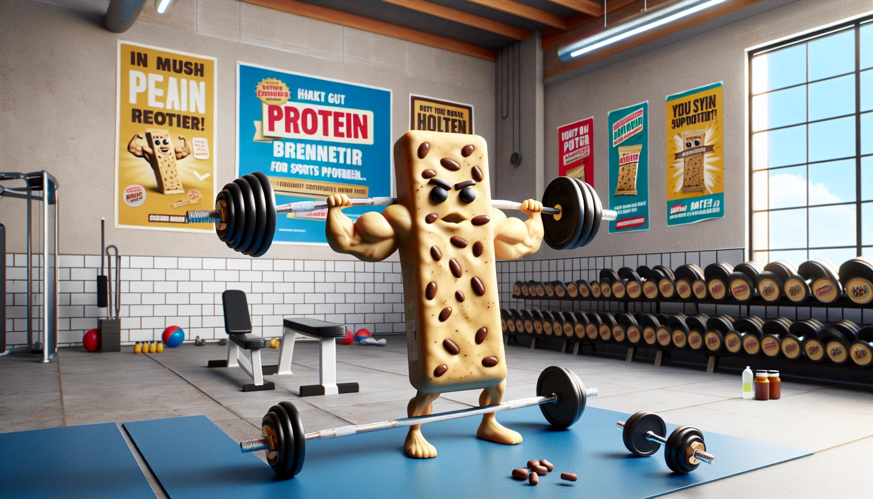 Create a humorous scene set at a local gym. Perhaps there's a protein bar doing dumbbell curls by itself, showing off a muscular structure that represents its high protein content. On the gym walls, there are banners and posters promoting the importance of dietary supplementation for sports performance. The objective is to make it playful and enticing for gym-goers, encouraging them to consider protein bars as a convenient way to boost their dietary protein intake for enhanced sports performance. Please make sure to emphasize the comedic aspect of this scene.