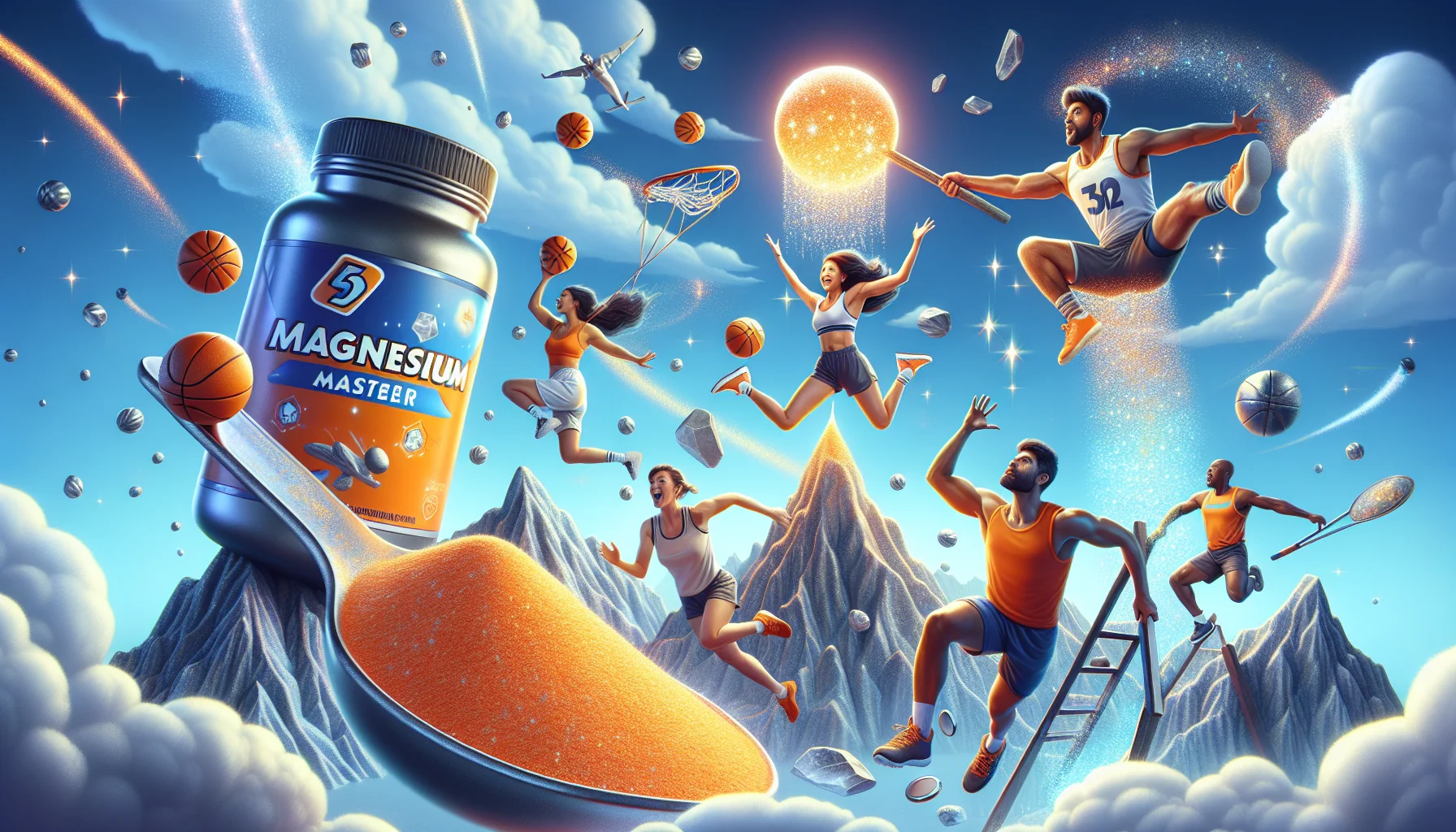 Create a vibrant and humorous scene centered around a hypothetical magnesium supplement called 'Magnesium Master 7'. This supplement is surrounded by energetic characters showing off their sporting prowess. You see a basketball player, a Hispanic man in his 30s, dunking an orange ball infused with magnesium sparkle. Next, a South Asian female sprinter, glowing with magnesium magic, hurdles a supplement bottle with outstanding speed. Lastly, there's a white male rock climber, ascending a mountain shaped like a heaping spoonful of the supplement's powder. The sky is filled with shimmering magnesium particles, adding a surreal touch to the scene.