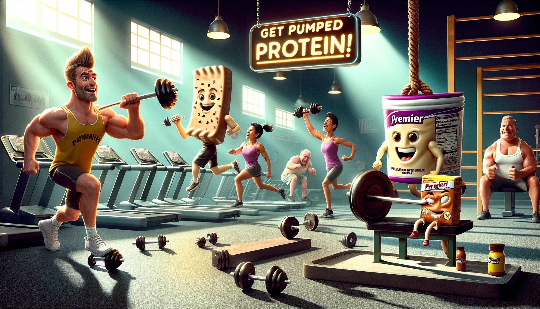 A humorous scenario in vivid and realistic detail. The scene is in a gym, where we see protein bars on a bench lifting miniature barbells, cheerfully motivating the gym-goers. There's a diverse array of people in the background participating in various activities: a tall, blonde Caucasian man, who's jogging on a treadmill with intense look on his face, a Hispanic woman with a ponytail, lifting weights with a determined look in her eyes, and an Asian man with short hair sparring on a punching bag. The words 'Get Pumped with Premier Protein!' float humorously above the glowing protein bars.