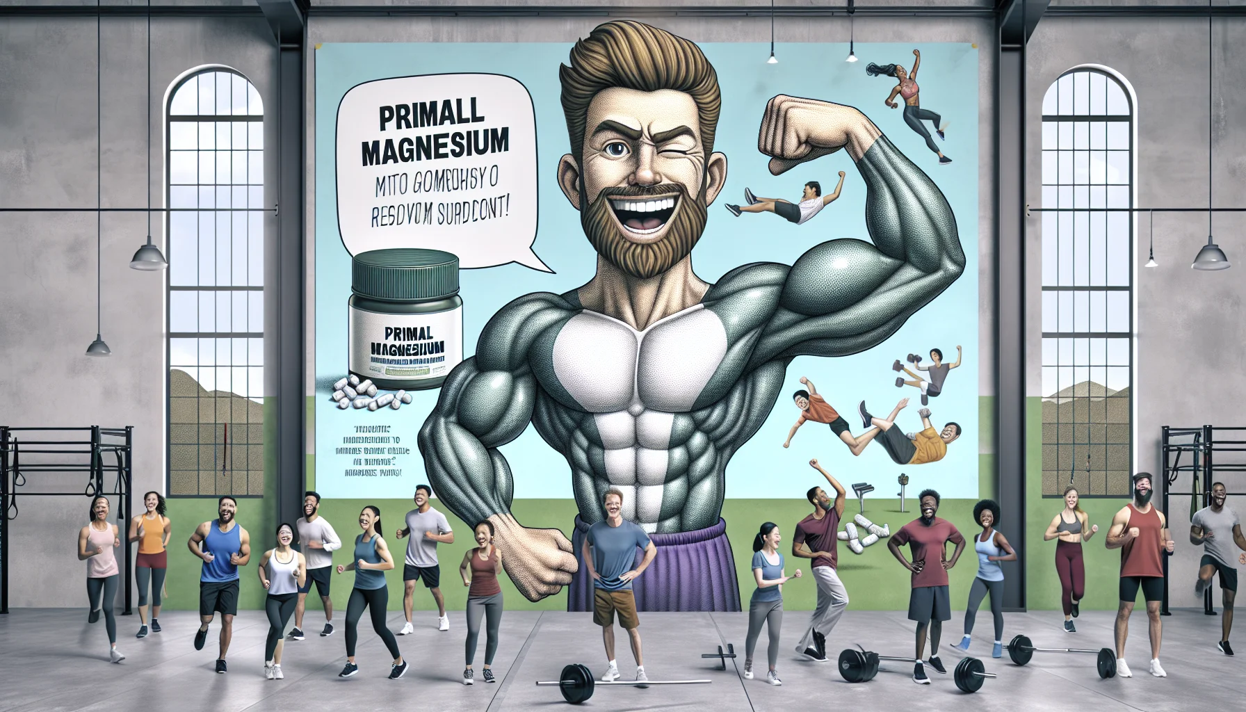 Create an amusing and engaging image displaying primal magnesium embodied as a comical caricature. The caricature is flexing its muscles, winking at the camera, and encouraging people to incorporate magnesium supplements into their exercise routine. The manicured backdrop consists of a well-equipped gym complemented by inspiring fitness quotes plastered on the walls. Diverse individuals of differing descents, like Hispanic, Asian, and Middle-Eastern, differing genders, and ages are involved in various sports activities while showcasing a burst of energy thanks to the magnesium supplement.