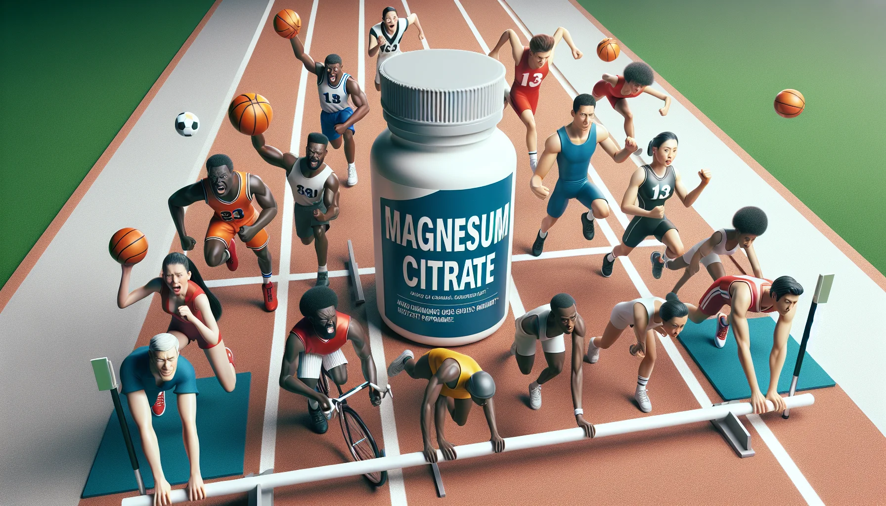 Create a humorous and realistic scene featuring a bottle of magnesium citrate supplement. It is placed at the center of a makeshift finish line, as if it's the ultimate prize to win. Surrounding the finish line, there are several enthusiastic athletes, each representing a different sport such as basketball, football, cycling, and gymnastics. They're all eager to reach the supplement, conveying the idea that it is essential for sports performance. Each athlete is of different gender and descent: a black male basketball player, a white female football player, an Asian male cyclist, and a Hispanic female gymnast.