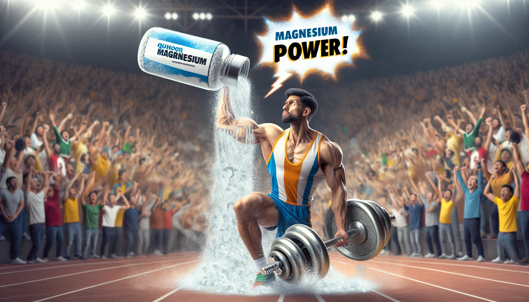 Generate a humorously realistic image of a seemingly supercharged athlete, of South Asian descent, profusely sweating magnesium droplets, representing Qunol magnesium. The scene takes place in a jam-packed sports arena with cheering spectators. This athlete is in the midst of performing an improbable sports feat, like lifting an oversized dumbbell with just one hand, to signify the strength and enhancement provided by the supplements. A dynamic, cartoony text bubble proclaims, 'Magnesium Power!' floating above the athlete's head. Use bright and bold colors to make the image visually interesting and engaging.