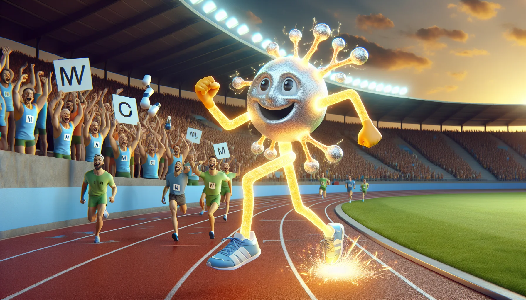 Create a detailed, realistic image of magnesium reacting in a whimsical, sports-themed scenario. It could be a luminescent magnesium character jogging energetically across a track field at dawn, with sparks flying off showcasing its chemical reactivity. Behind the character, an audience composed of various electrolyte and vitamin spectators, like calcium and vitamin C, cheer on in excitement, symbolizing the helpfulness of supplements for athletic performance. The scene should be invigorating and comical, aimed at promoting the idea of using supplements for sports.