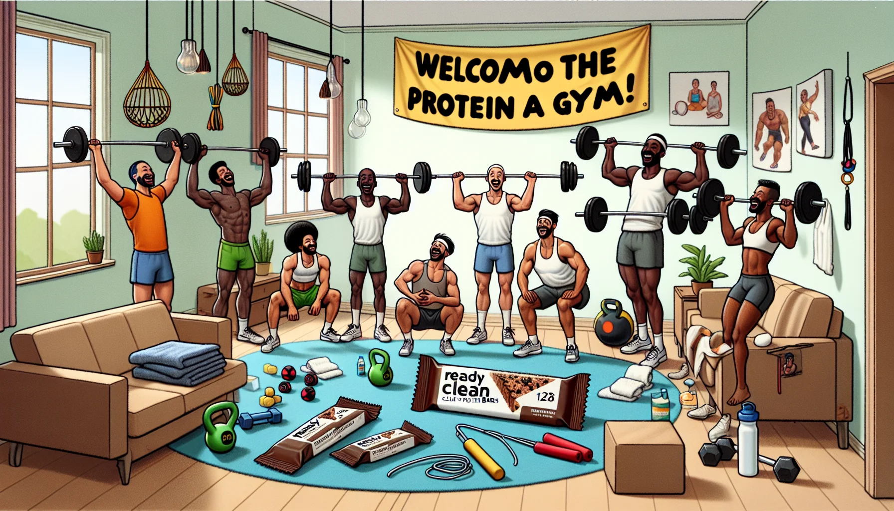 Imagine a humorous and enticing scene showing ready clean protein bars. The protein bars are a highlight of a sports gear party, playfully arranged like weights at the edge of a makeshift gym created in a comfortable home setting. Next to them, there's a makeshift sports setup including jump ropes, kettlebells, and yoga mats. Hanging on the wall is a banner that reads, 'Welcome to the Protein Bar Gym!'. The sports enthusiasts of various professions, ages, genders, and descents are cheerfully engaged, lifting the protein bars as if they are weights and laughing. Make sure to represent a diverse range of people such as a Black female coach, an Hispanic male athlete, a Middle-Eastern female gymnast, a South Asian male bodybuilder, and a White female yoga practitioner exploring the healthy supplement avenue for sports.