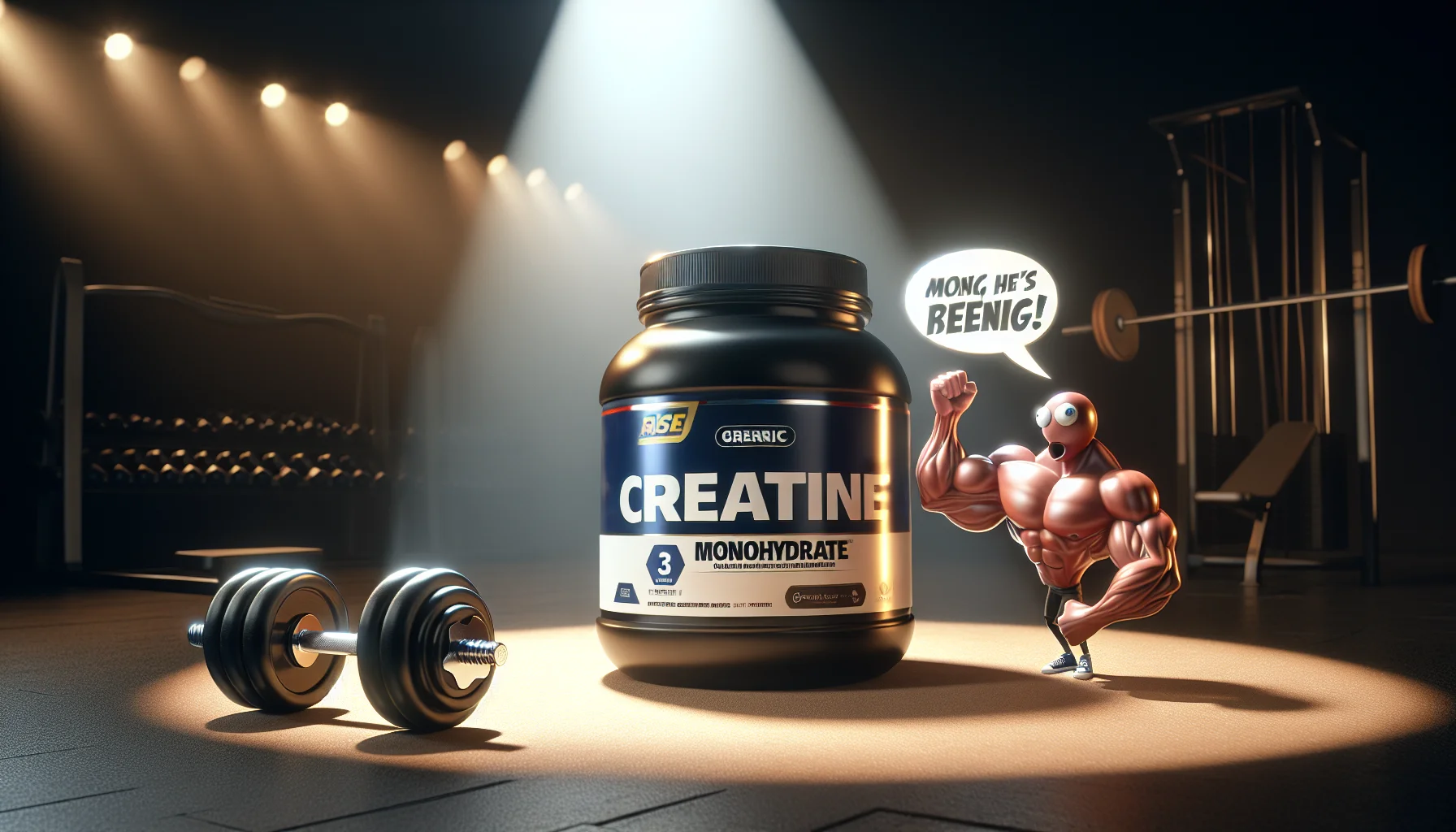Create an amusing, realistic scene centered around a generic creatine monohydrate supplement container with the brand name 'Rise'. The container should look attractive and inviting, glowing under spotlight. Perhaps juxtapose it with a dumbbell on one side and a muscular cartoonish arm on the other, impersonating the power of the creatine supplement. Add a speech bubble from the arm exclaiming enthusiastically about the benefits of the supplement. The background can be a gym or a sporting arena setting to imply the connection of the supplement to sports. The overall atmosphere should be light-hearted and enticing, encouraging people towards fitness and sports supplements.