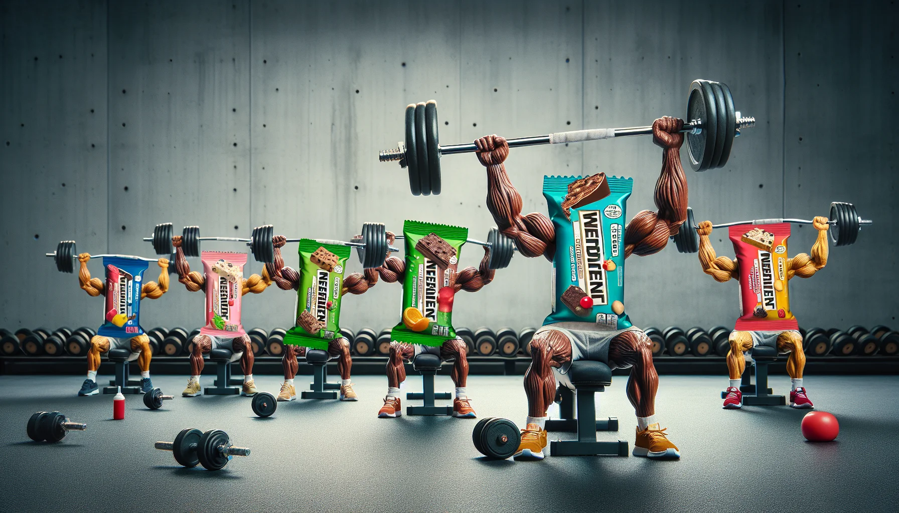 Create an amusing and realistic image of various flavors of protein bars lifting small dumbbells. Each protein bar is representing itself as an athlete, in a gym setting. The idea should be presented in a way that humorously encourages the usage of these supplements for athletic performance enhancement. The backproof background to accentuate the focus on the protein bars. Try to involve an element of comedy in the scene to make it enticing and engaging.