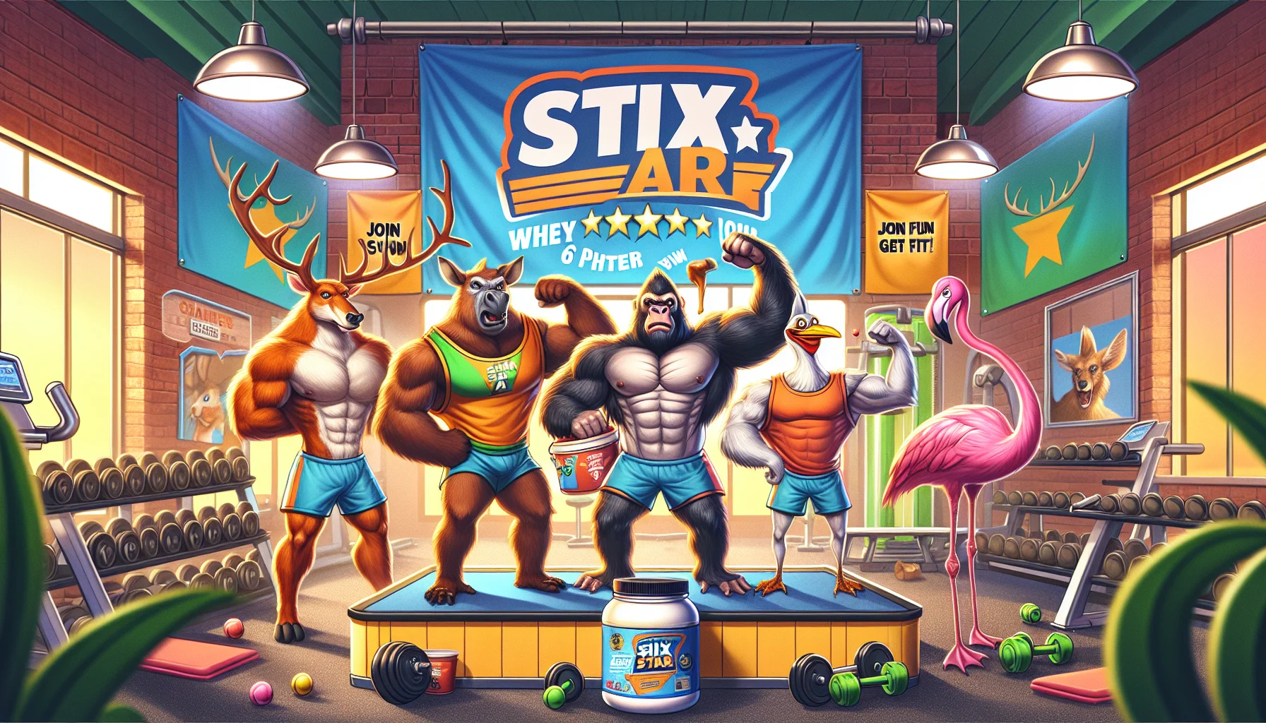 Create a funny and enticing image illustrating a review for a whey protein supplement called 'Six Star'. Picture this: a group of cartoon animals, such as a muscular kangaroo, a strong gorilla, and a fit flamingo, are conducting their own 'gym review show'. The scene is in a vibrant gym with colorful equipment. Each animal character wears sports attire and endorses the Six Star whey protein, each with a tub of the product on hand. They're depicted displaying their muscular physique, most likely a humorous nod to the effects of the supplement. The backdrop contains banners reading 'Six Star Whey Protein' and 'Join the fun, get fit'! Make sure the scene is light-hearted and full of humor.