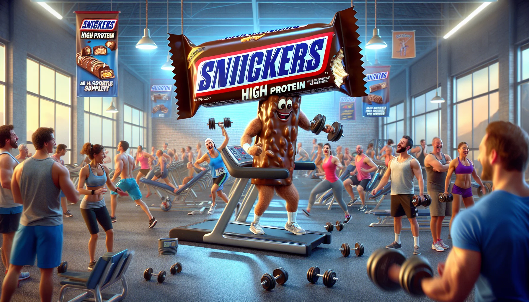 An amusing scenario set in a bustling gym full of athletes of various descents and genders. A gigantic Snickers High Protein bar has magically come alive and is playfully participating in the workout, lifting dumbbells and running on the treadmill. Other gym members are looking in surprise, their faces radiating interest. The logo of the Snickers High Protein bar is prominently displayed on the bar and there is a banner in the background promoting its use as a sports supplement. The image should convey the message in a humorous, but persuasive way that these protein bars are an efficient supplement for sports enthusiasts.