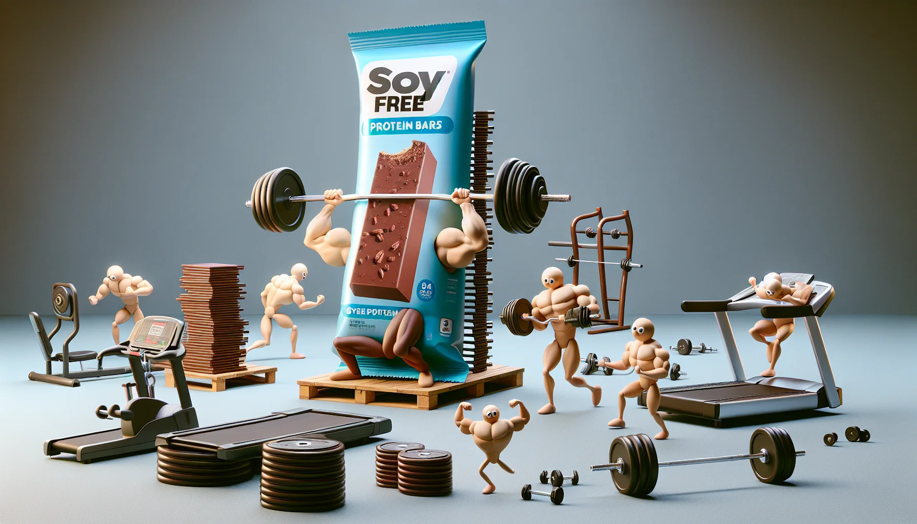 Create a humorous scenario of an animated gym setting where exercise equipment are attempting to pump iron. A pair of dumbbells struggle in vain to lift a colossal weight, while a confused treadmill tries to sprint on its own tracks. Centre stage, a towering pile of soy-free protein bars flexing their 'muscles', eliciting amused looks from the surrounding equipment. This interesting scene suggests the idea that even inanimate objects are captivated by the power of these protein bars, adding a playful and enticing edge to consuming supplements for sports.