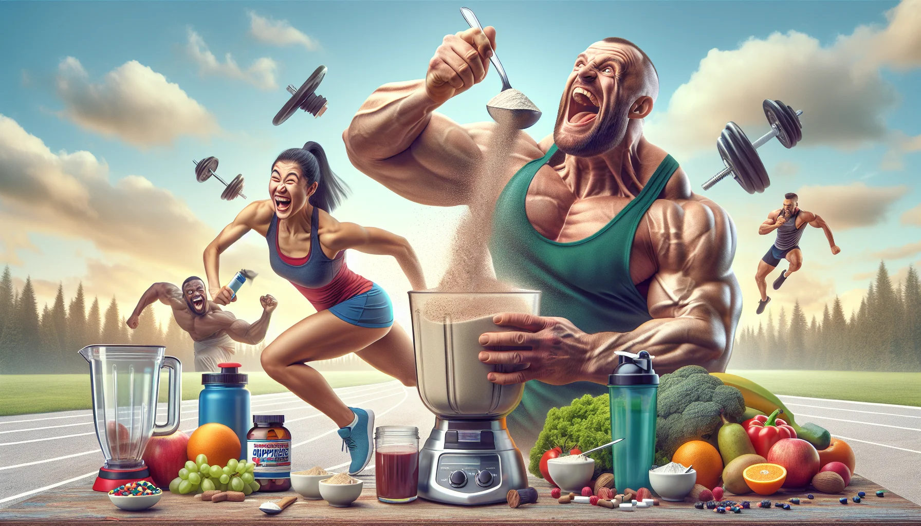 Create a realistic and humorous image that illustrates the interplay between sports and nutrition. This scene should prominently feature sports supplements in a positive, appealing light. There could be a depicted scenario of a Caucasian male weightlifter and a South Asian female runner, both laughter-inducing, each preparing their respective sports supplements in an exaggerated manner. The runner could be mixing a large spoonful of supplement powder into a bottle of water, while the weightlifter might be pouring supplement powder into a massive blender. The background could emphasize a healthy lifestyle, perhaps with sports equipment, fruits, and vegetables seen scattered around.