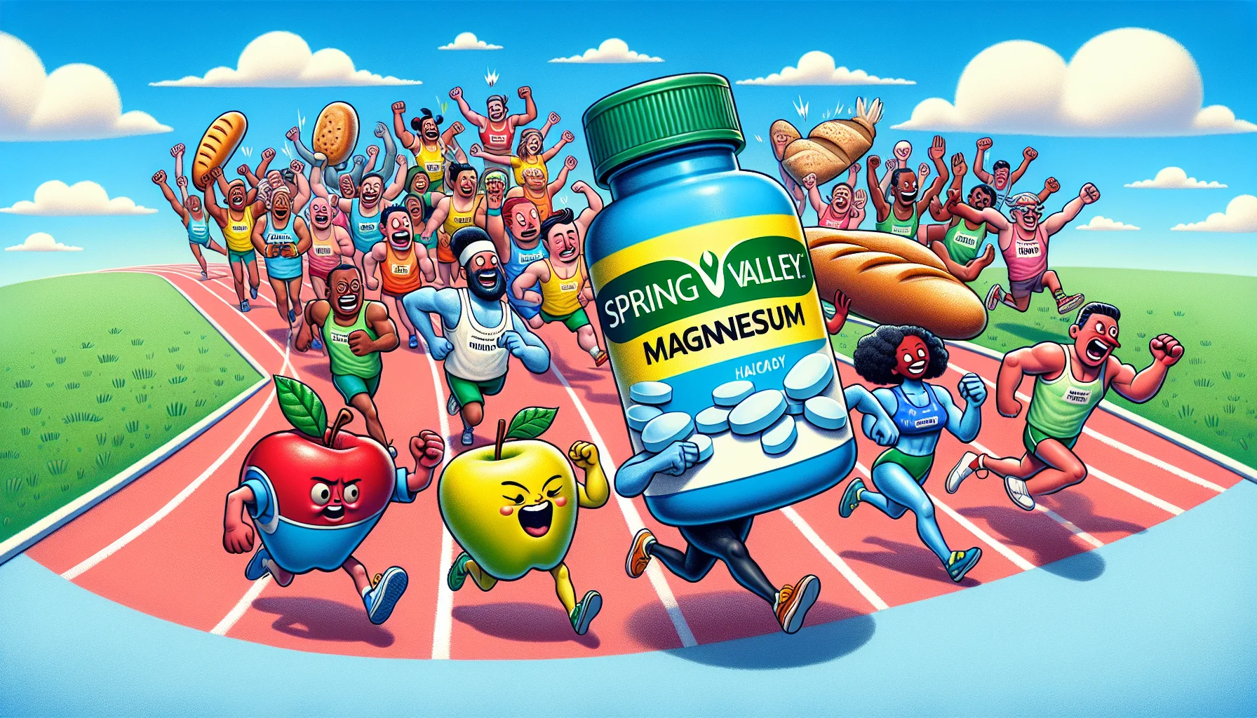 Imagine the following hilarious scenario: A high-quality bottle of Spring Valley Magnesium is running a relay race against regular food items like an apple, a loaf of bread, and a chicken drumstick. The magnesium pill, personified as an athletic figure, is leading the race, showcasing its superior energy. Both the pill and the food items are caricatured with expressive cartoon-style faces. The audience, consisting of various multiethnic individuals from Hispanic, Asian, Middle-Eastern, and Caucasian descents are cheering uproariously. They are of various genders and ages, all dressed in colorful sportswear. Above, a playful azure sky conveys a warm yet refreshing springtime atmosphere.