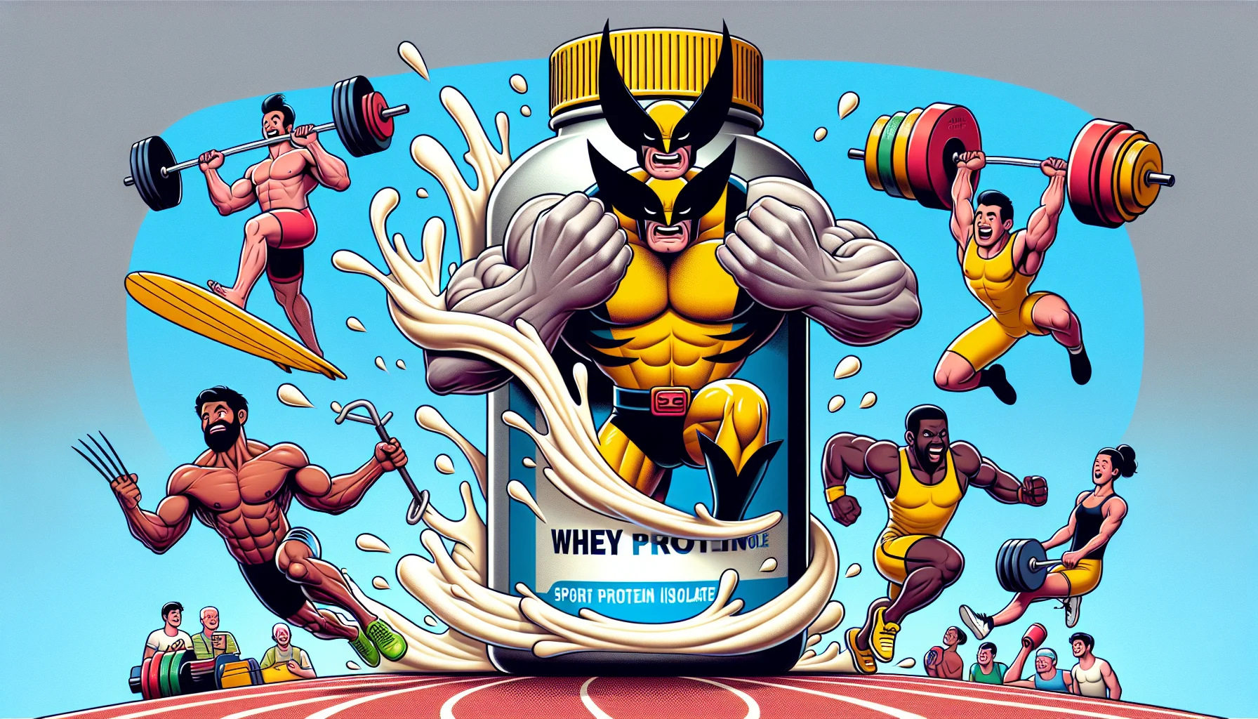 Create a vibrant and amusing scenario around a creatively imagined sports supplement canister labeled as 'Whey Protein Isolate'. The canister boasts a thick, robust, and playful design akin to a comic-style, cool anthropomorphic wolverine. He's muscular and exhibiting some lively weightlifting moves to emphasize strength and power. Surrounding the wolverine are lively cartoon-style athletes, a male Native Hawaiian surfer riding a protein shake wave, a female Hispanic powerlifter lifting barbells, a male Caucasian gymnast effortlessly doing a flip, and a Black female sprinter running along a track that wraps around the supplement canister. This creative depiction hints at the benefits of sports supplements for diverse sports activities.