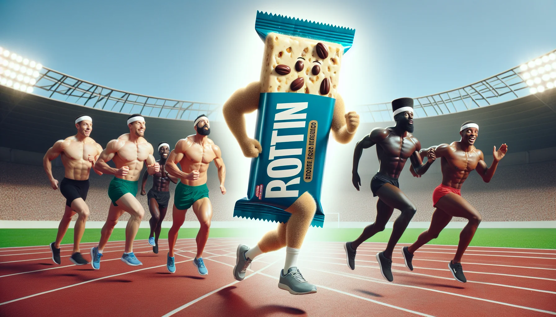 Imagine a humorously humorous scene occurring at a sports field. At the center, a giant, ultra-realistic protein bar wearing running shoes and a sweatband is participating in a sprint race against human athletes of various descents such as Black, Caucasian, South Asian, Hispanic and Middle-Eastern. In this whimsical scene, the protein bar, despite its lack of limbs, is leading the race, much to the surprise and amusement of the audience. The protein bar radiates an enticing glow, suggesting its appeal as a go-to supplement for sports enthusiasts.