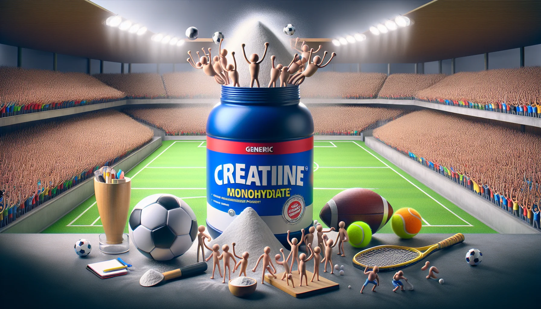 Create a humorous picture that features a generic creatine monohydrate powder canister made by an unknown brand, depicted in a creative and enticing environment conducive for sports. The scene could be a caricature of a stadium filled with cheering crowd, and perhaps a soccer ball and tennis racket nearby, playfully suggesting that the creatine supplement has its own fan club. An overwhelming happiness permeates the scene, thereby making the prospect of using such sports supplements appear more appealing.
