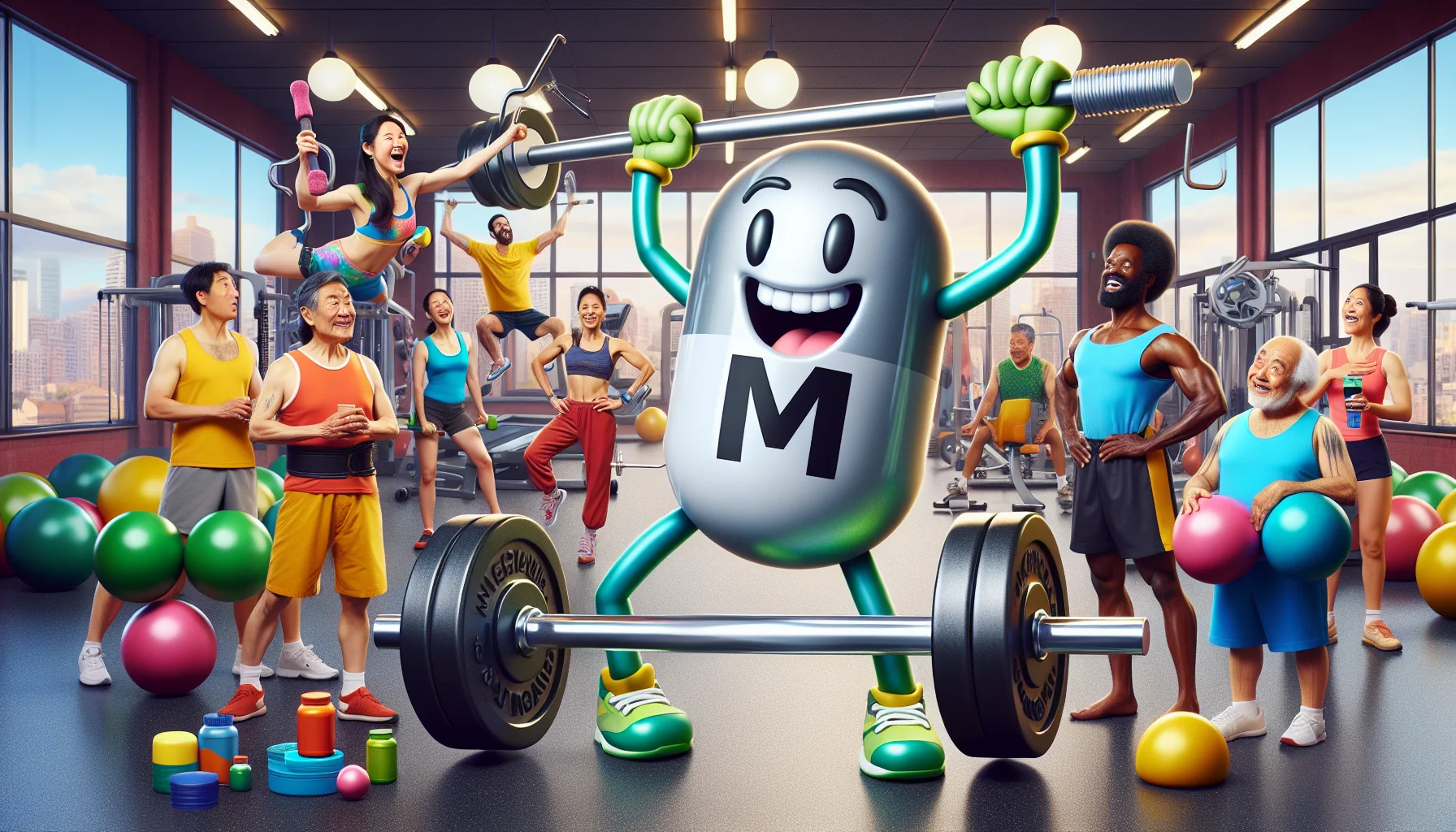 Create an image that depicts a humorous scene featuring trace mineral, magnesium. The story takes place in a lively, bustling gym. At the center, a magnified representation of a magnesium molecule, animated with arms and legs, is in full sports gear wrestling a barbell with a cheeky grin. Meanwhile, a diverse group of gym-goers composed of a South Asian female fitness instructor, a Caucasian elderly man doing yoga, a Black fit gentleman actively lifting weights, a Middle-Eastern woman jogging on a treadmill, and a Hispanic male gymnast practicing on the parallel bars, stare in astonishment or laugh playfully, a few holding brightly colored sports supplement bottles with a magnified magnesium symbol on the label. The setting should be vibrant, the expressions should be exaggerated for humor and magnesium should be the key attraction, showcasing its importance in sports supplementation.