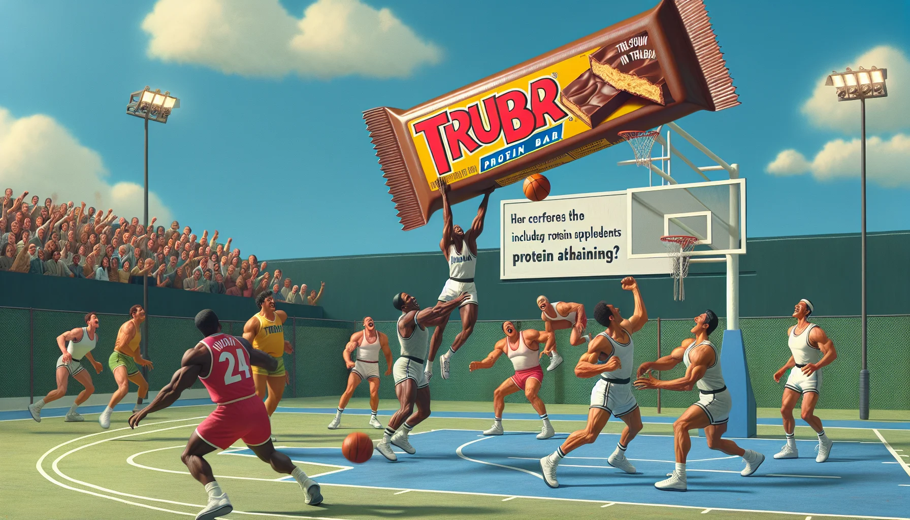 Imagine a humorous scene where Trubar protein bars are being used in an unexpected, sports-related context. Picture a basketball game, where instead of the usual ball, a giant Trubar protein bar is being tossed around the court. Athletes, of various descents and gender such as Hispanic male, Black female, Middle-Eastern male, and South-Asian female, are trying to score goals with it, laughing and straining at the same time. The audience is in splits, cheering on, while a billboard in the background promotes the benefits of including protein supplements into athletic training.