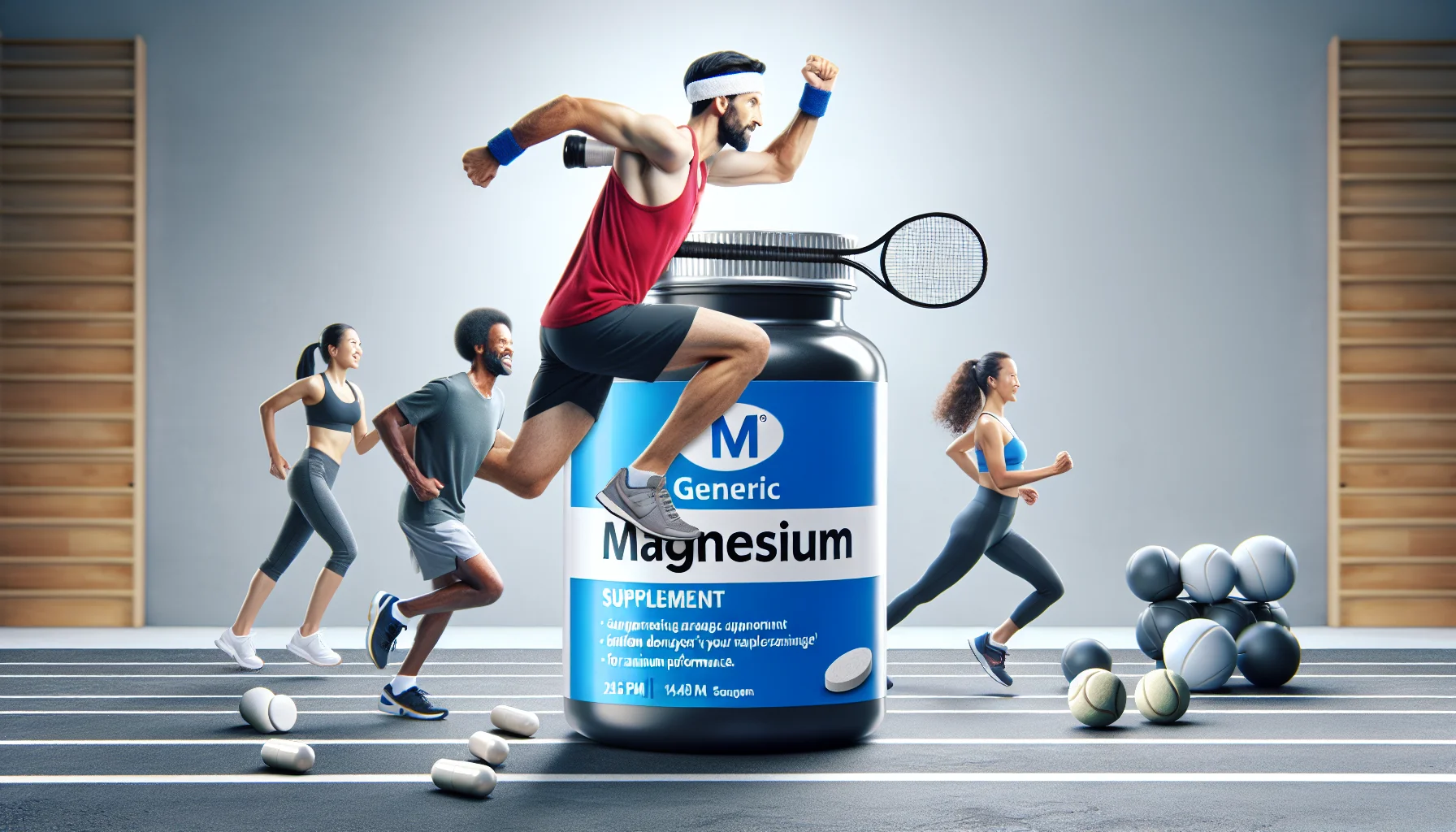 Generate a humorous and realistic image of a generic brand of magnesium supplement participating in a variety of sports activities. This might include elements such as the supplement bottle running a marathon with a sweatband on its lid, using a racquet to play tennis, or doing push-ups in a gym. Display this scenario enticing athletic people to incorporate more supplements into their daily routines for maximum performance.