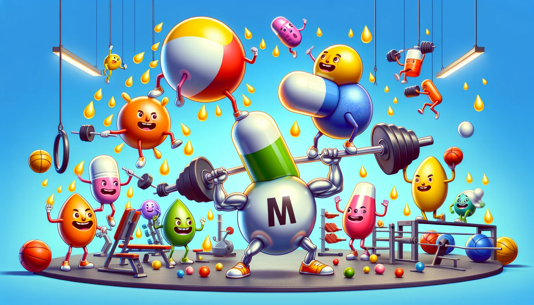 Illustrate a humorous and lively scene in a gym environment where everyone is participating in sports. A giant magnesium molecule, visible and made tangible, is lifting weights while being cheered on by a variety of vitamins like vitamin C, D, B and E who are doing their own exercises. Perspire drops, symbolizing the sweating of the gym-goers, are depicted as colorful supplement capsules, emphasizing the importance of these nutrients for sports activity and health. The entire scenario should indicate the essential role of mineral and vitamin supplements alongside physical activities in a fun, quirky, and informative way.