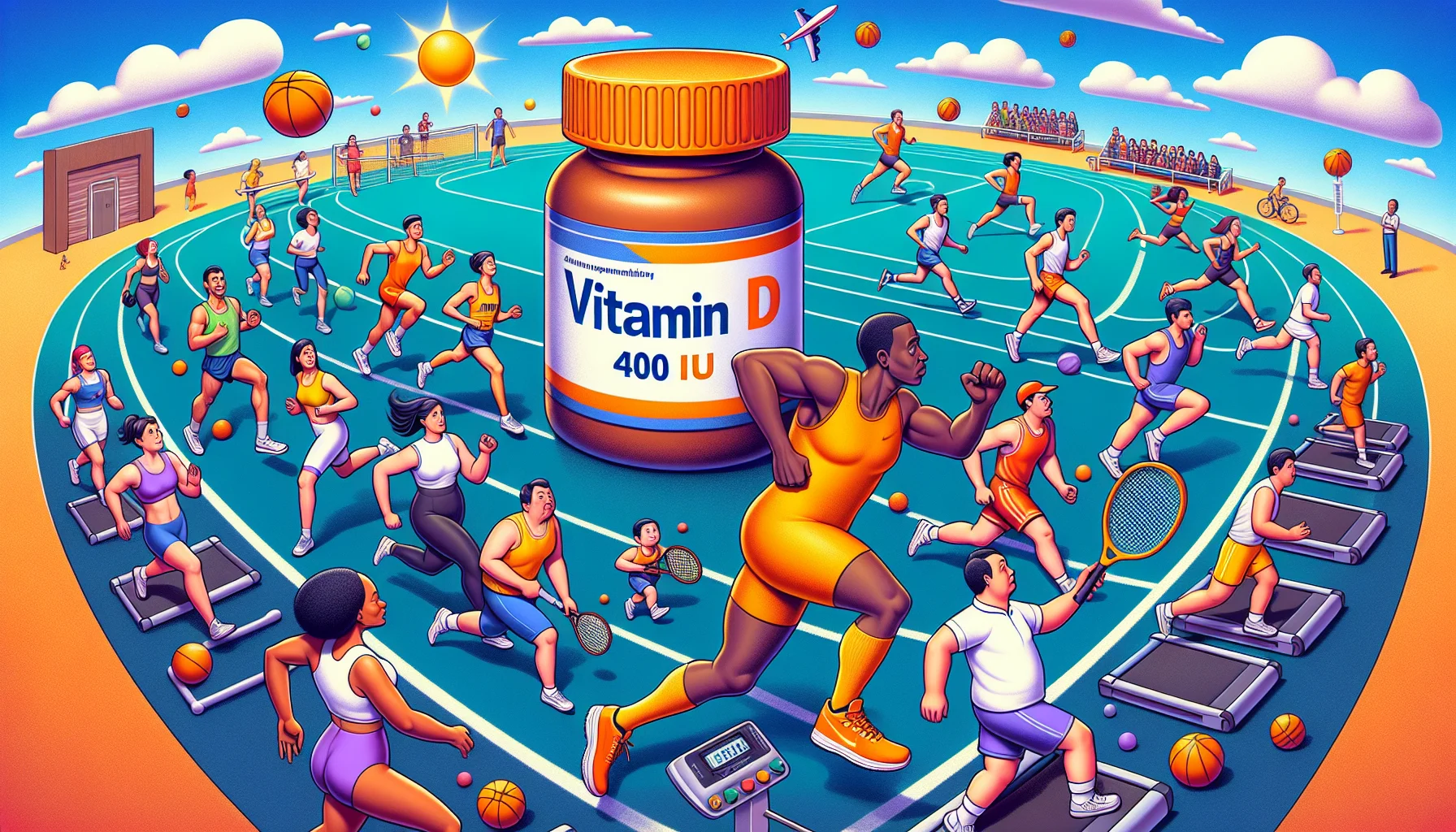 Create a vibrant and humorous sports scene with an oversized illustration of a Vitamin D supplement bottle labeled as '400 IU'. The sports scene should include a multitude of sports persons of different descents and genders. A Middle-Eastern female athlete might be running on a treadmill, a Caucasian male swimmer preparing to dive into the pool, a Black female tennis player swinging her racket, and a South Asian male football player preparing to kick a ball. The athletes are in awe of the giant vitamin bottle, their reactions exaggerating the importance of the supplement. Please make sure the overall ambiance is light-hearted and friendly, stimulating people to take supplements for sports.