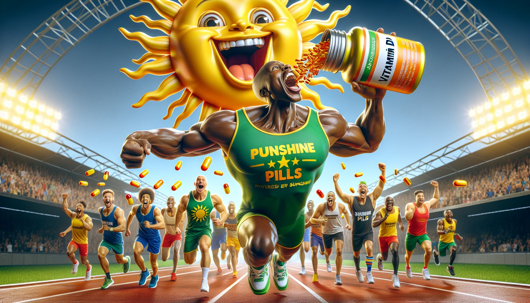 Generate a playful and amusing scene promoting the use of vitamin D supplements for sports. Imagine a hyper-realistic setting where a sun-character, with a cheesy grin on its face, is pouring rays represented as glowing capsules of vitamin D into the open mouth of a muscular Afro-Caribbean sportsman in full sports gear, all pumped up and sprinting. On the sportsman's t-shirt, write 'Powered by Sunshine Pills'. Everyone in the audience, consisting of various enthusiastic sports figures of different descents and genders, are cheering wildly, banners in hand with the slogan 'Vitamin D for Victory!' etched on them.