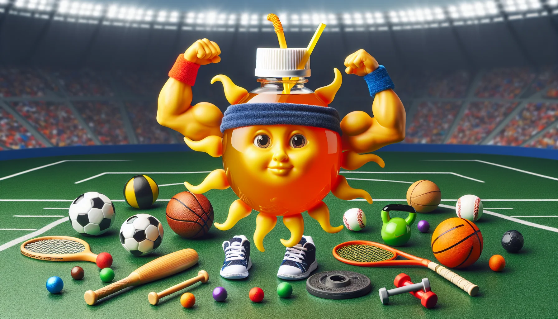 Generate a colorful and detailed image of a sun-shaped bottle filled with liquid Vitamin D. The sun is wearing a witty small bandana, showing off mock muscular arms with athletic bands around them. The bottle is surrounded by tiny cartoonish sporting equipment like soccer balls, baseball bats, tennis rackets, and gym weights. All this is set on a background of a professional football field, adding a surreal and energetic atmosphere. The action and humor of the scene makes the concept of using supplements for sports enticing and fun.