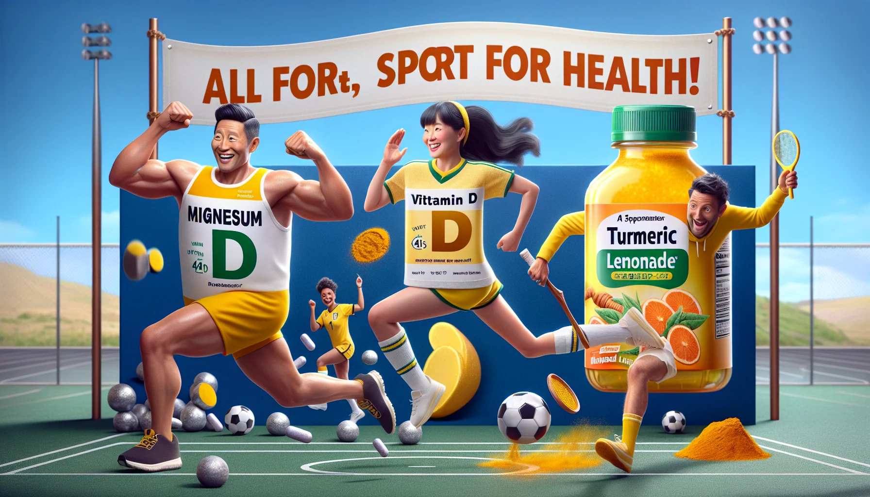 Create an image of a humorous scene featuring vitamin D, magnesium, and turmeric lemonade in a sports setting. Visualize these personified supplements engaging in friendly competition with each other. Magnesium, personified as a muscular athlete of Asian descent wears a runner's outfit, while Vitamin D, personified as a lively soccer player of Hispanic descent, actively chases a soccer ball. Turmeric Lemonade, taking form of a Caucasian, cheerful tennis player is elegantly geared up. A banner in the background reads 'All for Sport, Sport for Health!' This image should inspire people to incorporate these supplements into their active lifestyle.