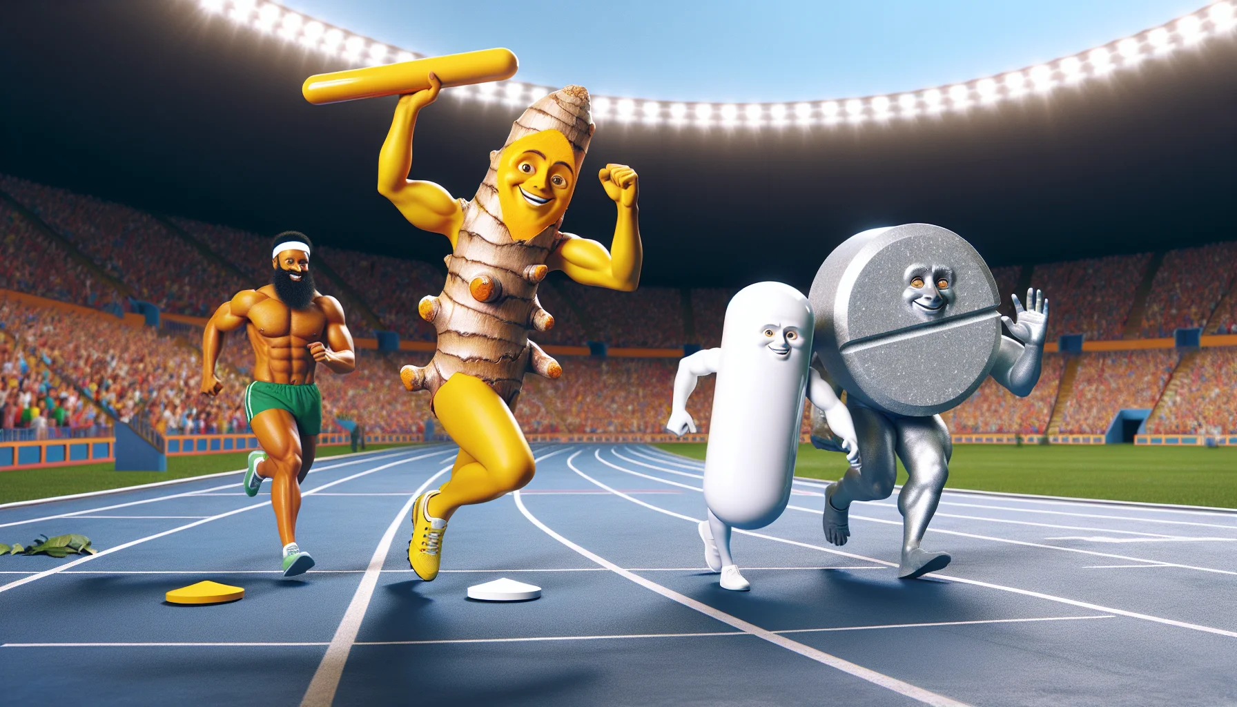 Imagine a humorous scene set on a sports field, where turmeric root, a vitamin D pill, and a magnesium pill are personified as athletes. The turmeric root, painted in radiant yellow, is sprinting in full speed with a forced smile, passing a baton to a white, glossy vitamin D pill in a relay race. The magnesium pill, depicted as silver-gray and burly, is preparing for a shot put, conveying a look of pure determination. A variety of spectators in the stands is cheering enthusiastically at their high energy performance, subtly encouraging the use of supplements for sports enhancement.