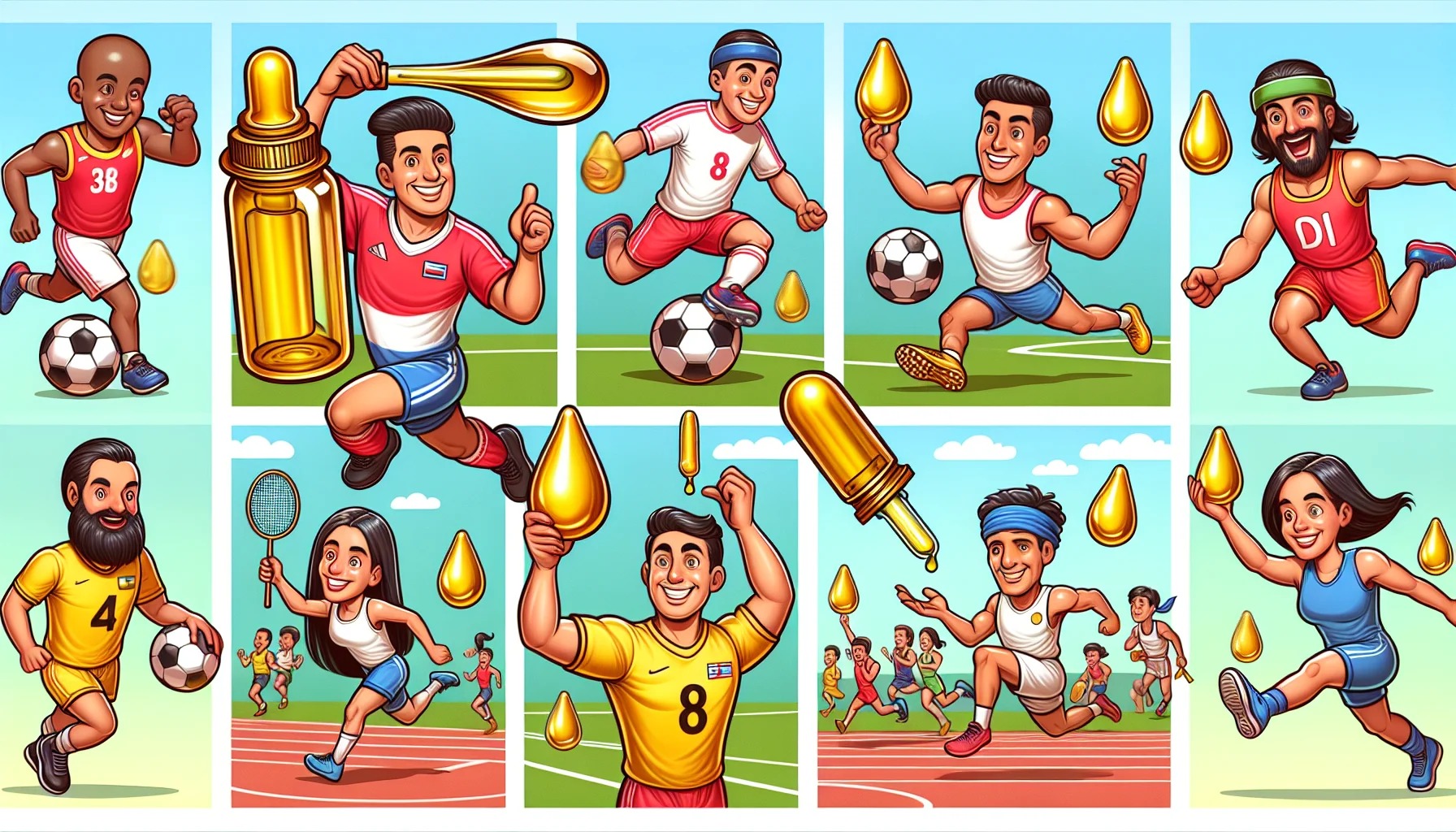 Create a comical scene depicting a vivid and lively sports day events. There are athletes of different descents- Hispanic, Middle-Eastern, South Asian - and genders, both male and female, engaged in various sports like soccer, badminton and marathon running, but they each have one thing common: they're all animatedly using or holding symbolic golden drops of Vitamin D oil in various funny ways. Maybe one is using it as a secret weapon in a soccer match, another is balancing a dropper on their nose. Let the Vitamin D oil shine with a glow that symbolizes its importance for physical well-being in sports.