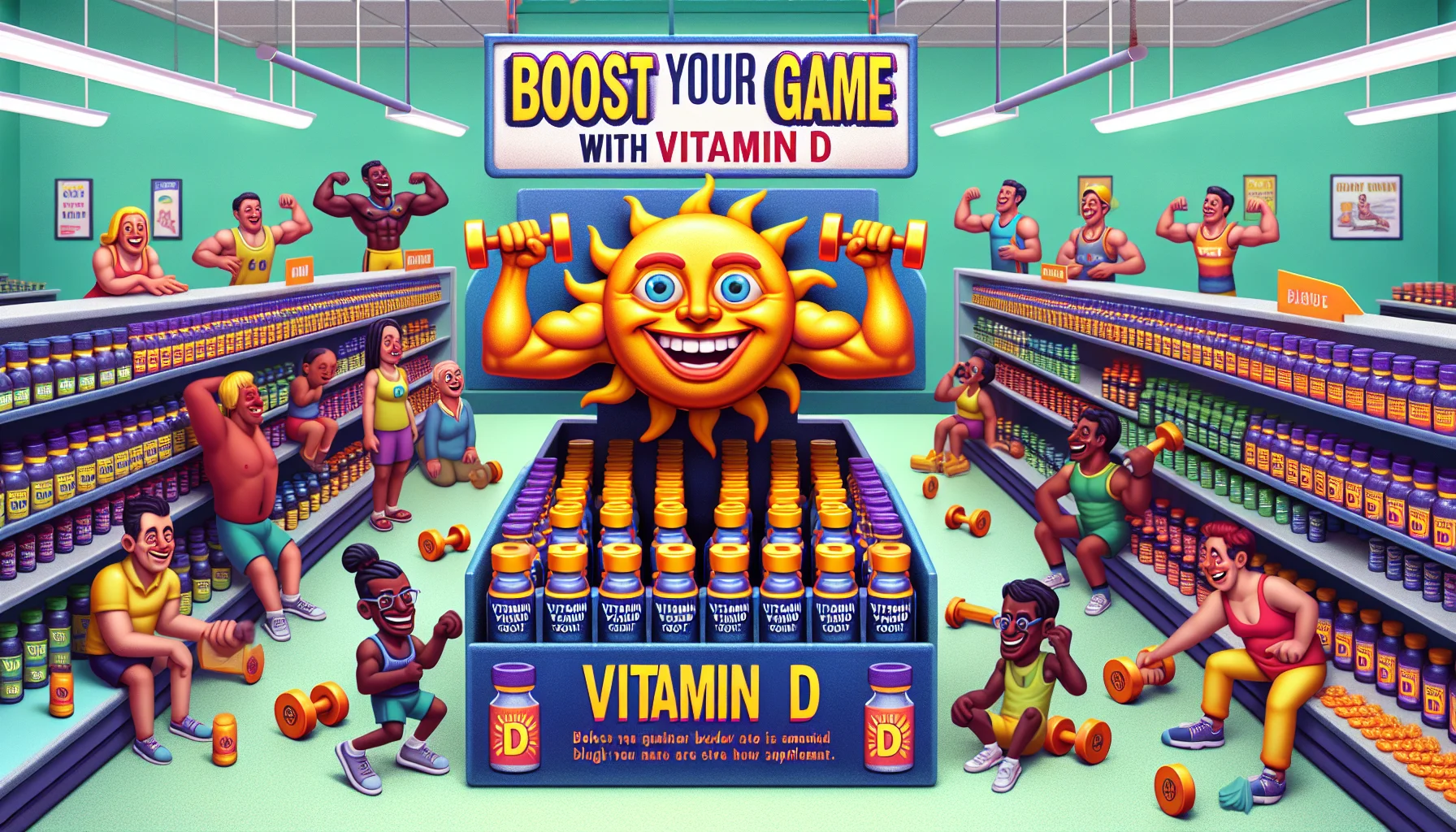 Create a vibrant image portraying an unusual and humorous scenario in a local health store. At the center of the scene stands an aisle filled with vitamin D shots shaped like tiny dumbbells. Adjacent to it is a signboard with text 'Boost your game with vitamin D'. A cartoon image of a sun grinning broadly and flexing its 'muscles', mimicking a bodybuilder, is on the top. Around the store, racially diverse male and female athletes of various ages are chuckling at the playful display and are enthused about buying the supplements. 