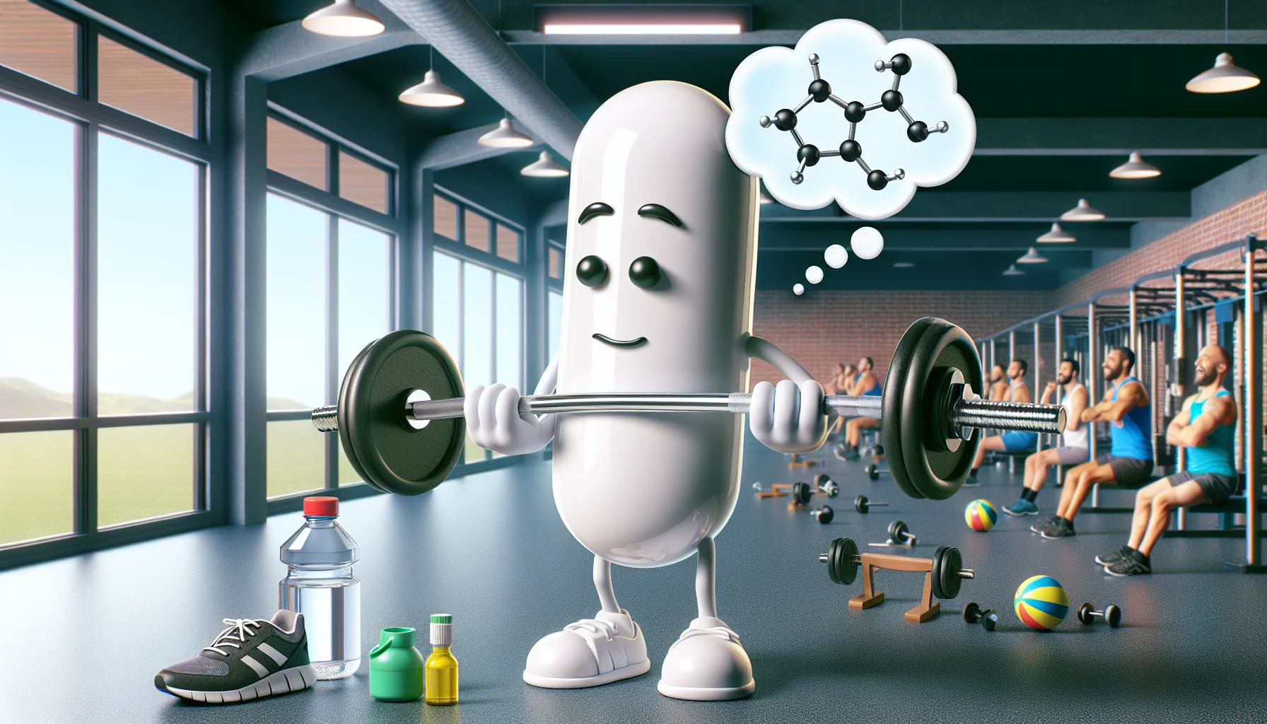 Create a humorous and realistic image illustrating the concept of chelated magnesium as a dietary supplement. Picture a magnesium pill with cartoonish arms and legs, lifting a miniaturized barbell to show its benefits for sports performance. Around it, there should be sports-related accessories like a water bottle and running shoes. Add a thought bubble with the molecular structure of chelated magnesium, showing that it's thinking 'fitness'. The background can be the interior of a gym with people of various descents and genders working out and marveling at the pill's effort. 