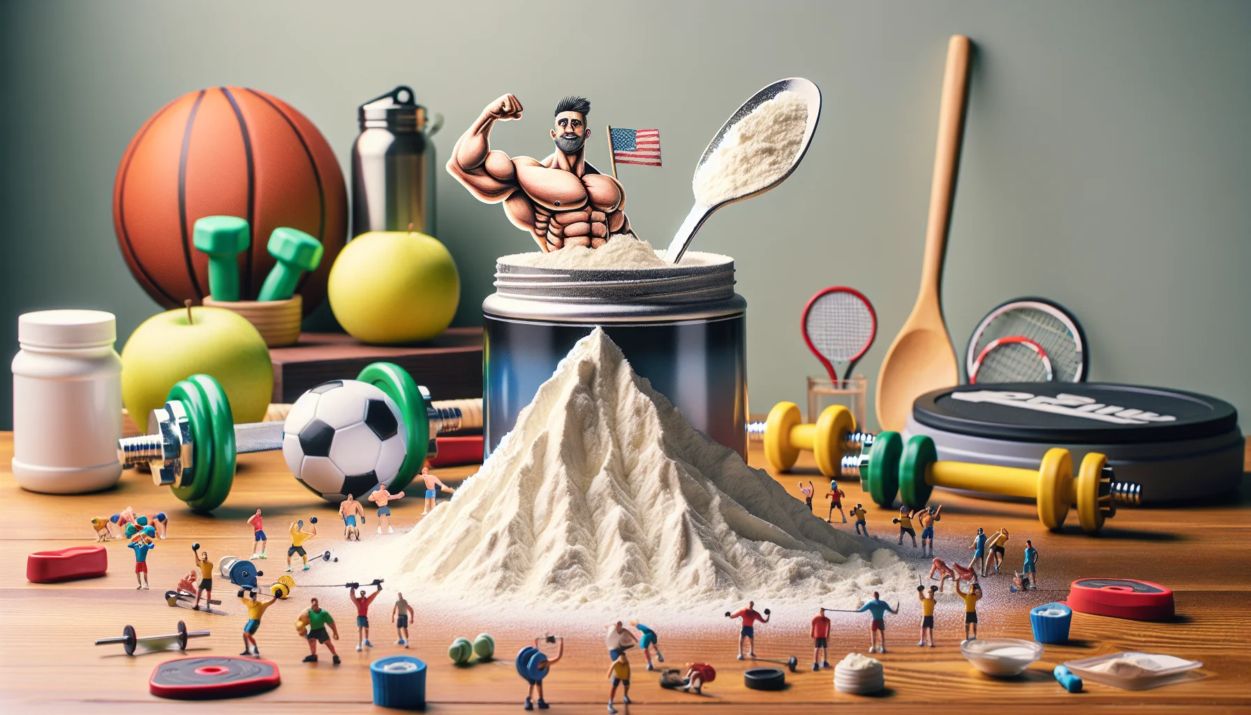 Imagine a humorous and appealing scene involving whey protein isolate for sports supplementation. There is an opened, brightly-colored container of whey protein isolate on a kitchen counter. The powder has exploded out of the container, creating a miniature snow-capped mountain range across the counter. A spoon with a heap of powder is half-buried in the range, resembling a flag planted at a mountain peak. A pair of muscular cartoon arms emerges from the container, flexing and displaying a thumbs up. In the background, a range of different sports equipment like dumbbells, footballs, and tennis rackets is arranged, subtly encouraging the viewer towards a fitness-themed lifestyle.