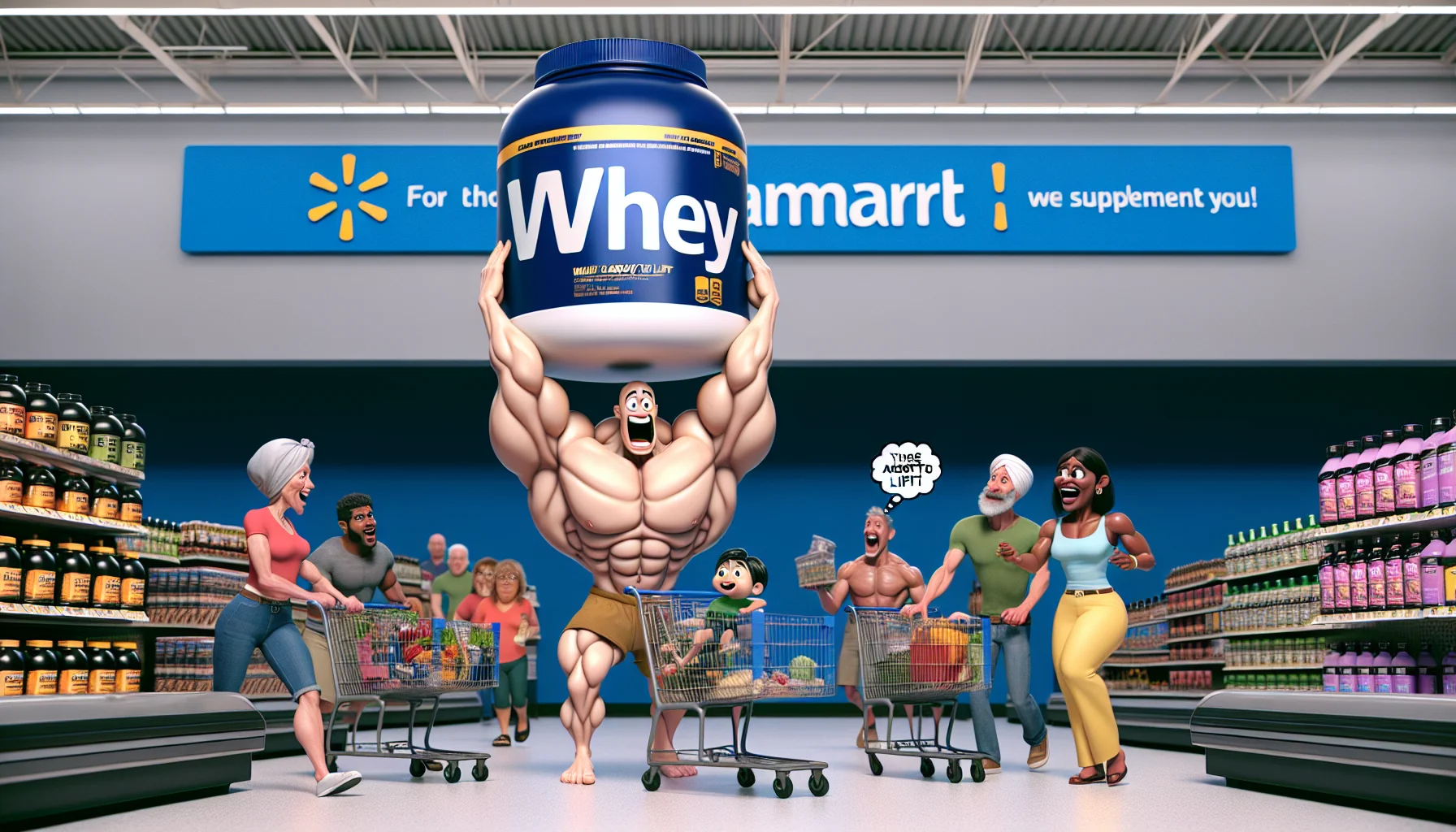 Render a humorous scene situated in a general supermarket setting, signifying to be Walmart without using any logos or proprietary names. Within the scene, display an oversized, cartoonish jug of whey protein that has sprouted human-like muscular arms and legs. The protein jug is energetically assisting different customers with their shopping, for instance, by lifting heavy groceries or sprinting through aisles to fetch products. The customers, who are of diverse descents like Caucasian, Middle-Eastern, South Asian, and Hispanic, and varied genders, express surprise but also admiration. A thought bubble over the protein jug reads: 'For those about to lift, we supplement you!'.